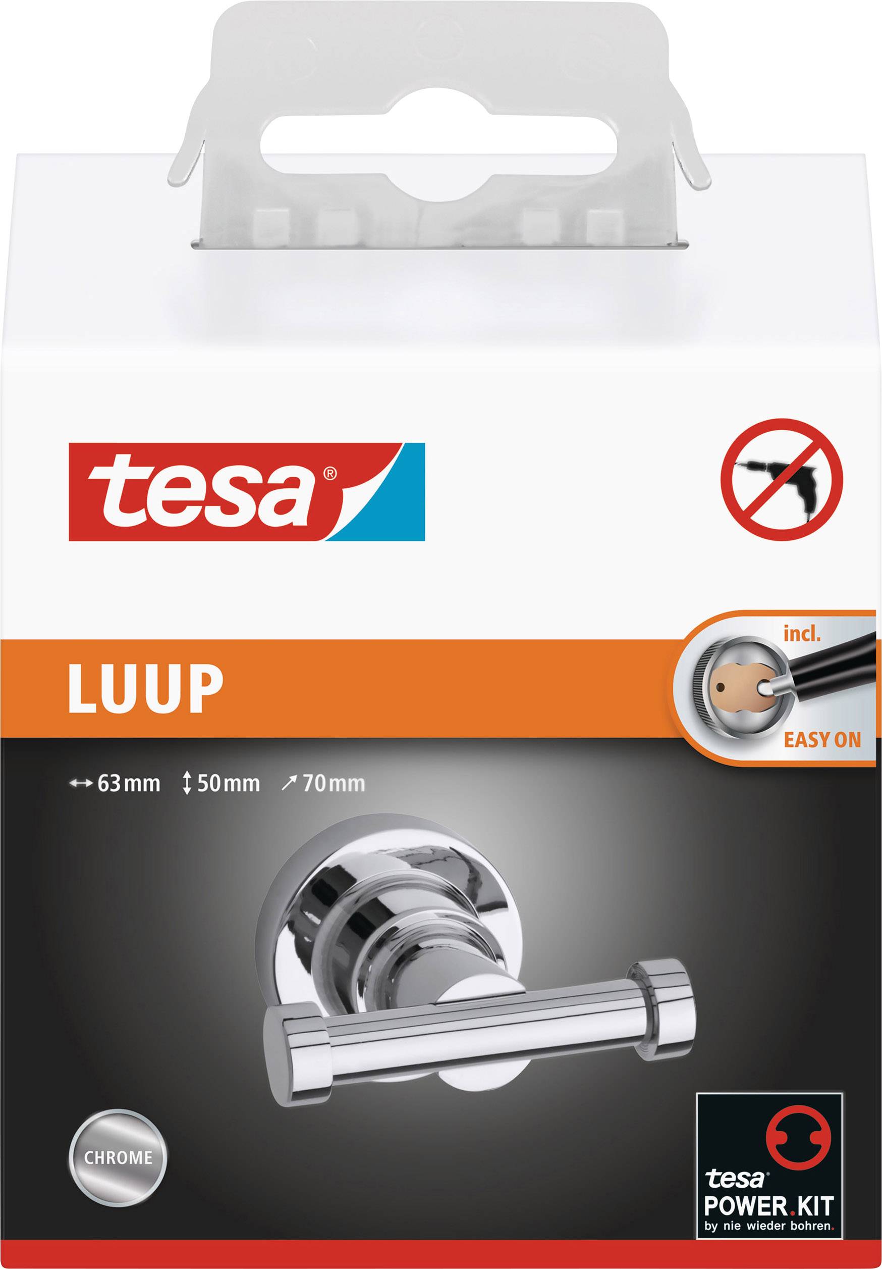 'tesa LUUP' Produktverpackung für einen selbstklebenden Handtuchhalter in Chrom. Zeigt Montagebild, verhindert Bohren. 63 mm x 50 mm x 70 mm.