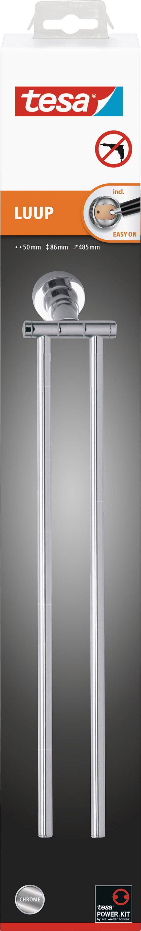 Verpackung eines Handtuchhalters von tesa LUUP. Zwei Stangen, Edelstahloptik, ohne Bohren. Markenlogo oben, Produktabbildung mittig.