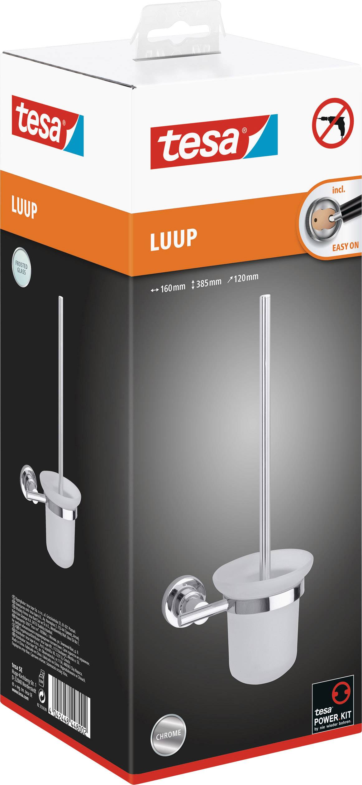 Verpackung eines WC-Bürstenhalters von Tesa mit Halterung und Bürste, abgebildet mit Montagemethode ohne Bohren, Easy-On-System.