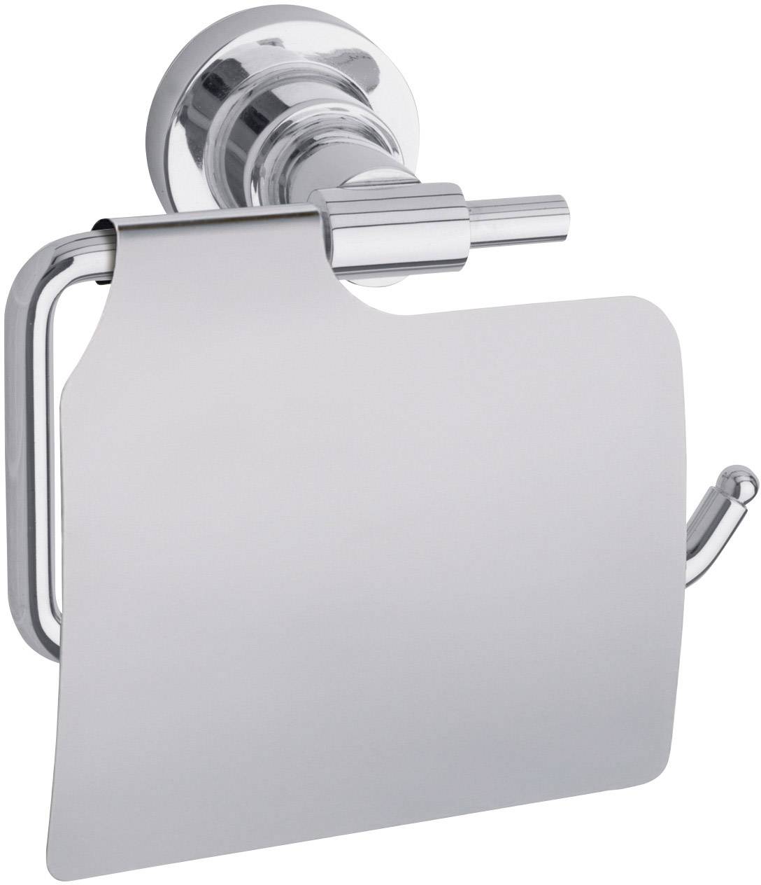 Ein glänzender Toilettenpapierhalter aus Metall mit integriertem Abdeckschild, an einer Wand montiert.