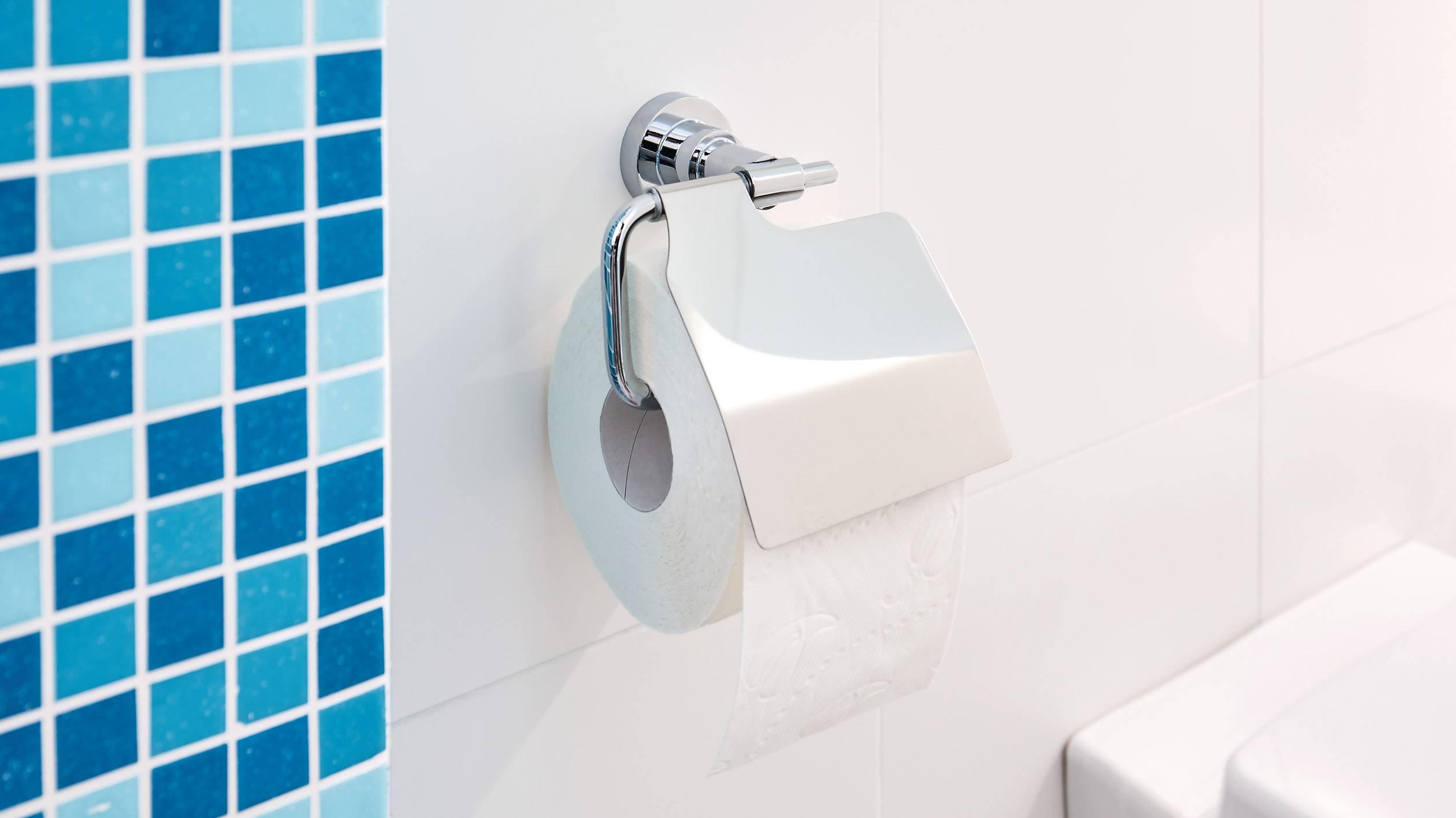 Toilettenpapierrolle hängt an einem Halter an einer gefliesten Badezimmerwand.