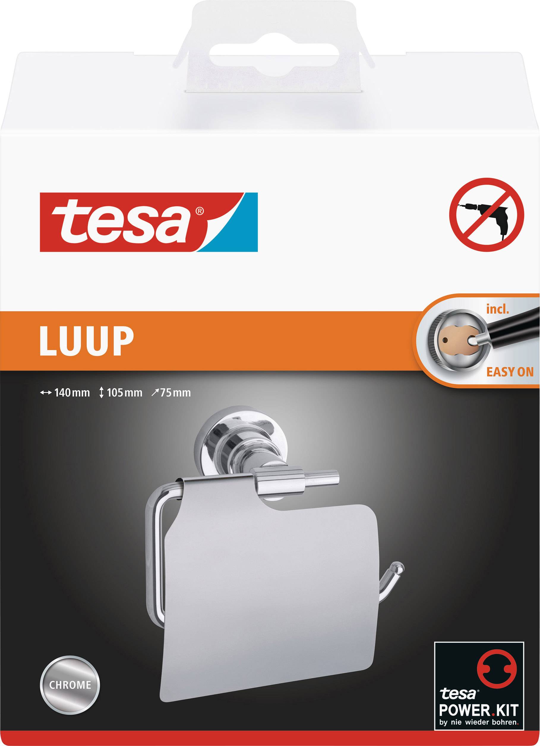 Verpackung eines Tesa LUUP Toilettenpapierhalters aus Chrom mit Easy-On-Montage ohne Bohren. Enthält Maßangaben: 140mm x 105mm x 75mm.