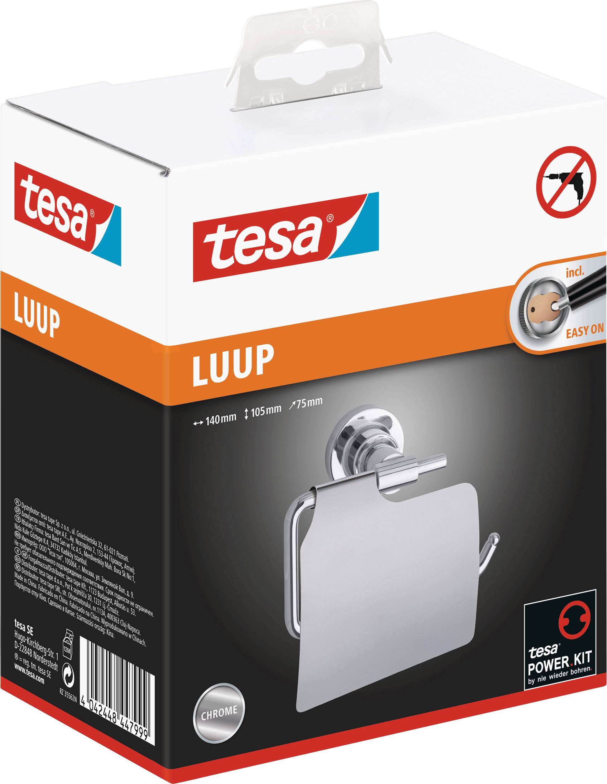 Verpackung eines Tesa LUUP Toilettenpapierhalters aus Chrom mit Power.Kit für einfache Montage, abgebildet auf glänzendem Hintergrund.