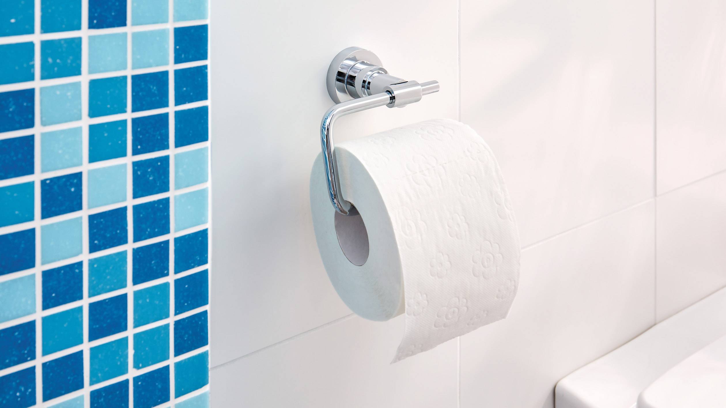 Toilettenpapierrolle hängt an Halterung an einer weiß und blau gefliesten Wand.