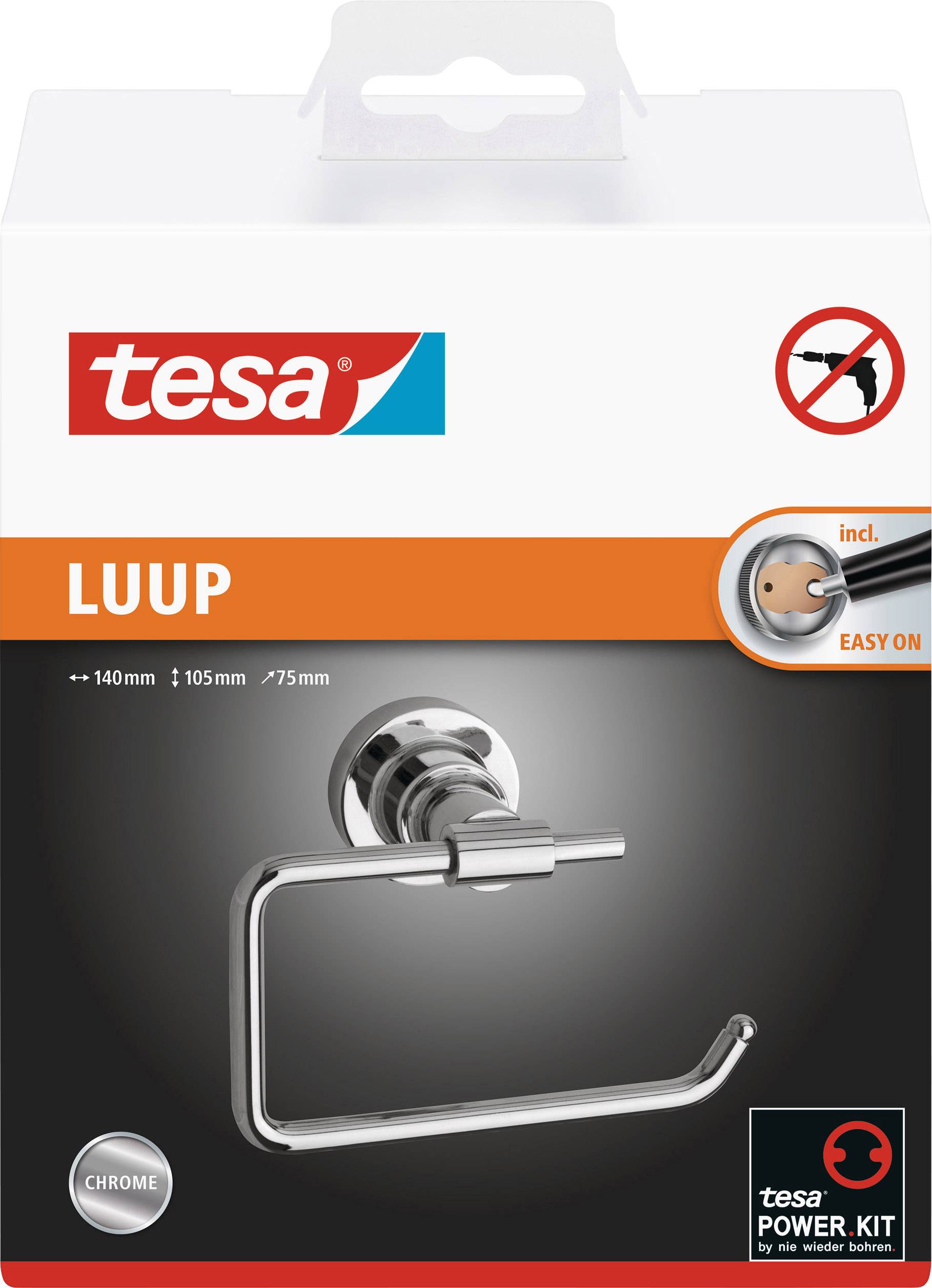 Verpackung eines chromfarbenen Toilettenpapierhalters von Tesa, Modell 'Luup'. Montage ohne Bohren möglich, einfache Installation.