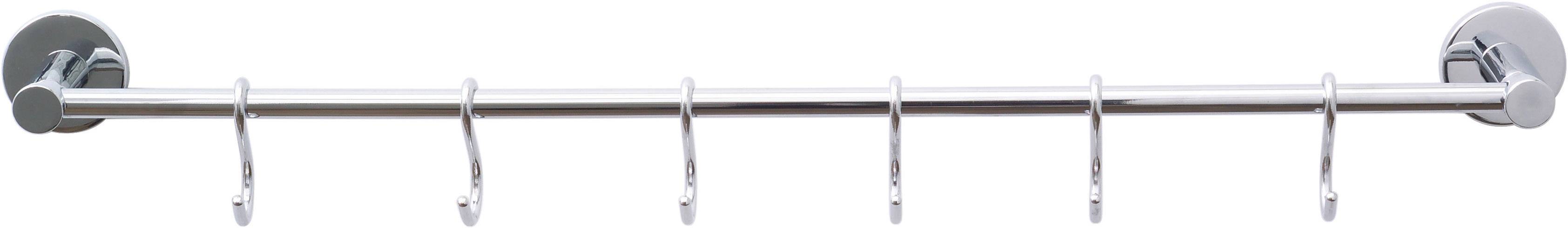 Ein silbernes, wandmontiertes Kleiderstangen-System mit sechs metallischen Haken, geeignet zum Aufhängen von Kleidung oder Accessoires.