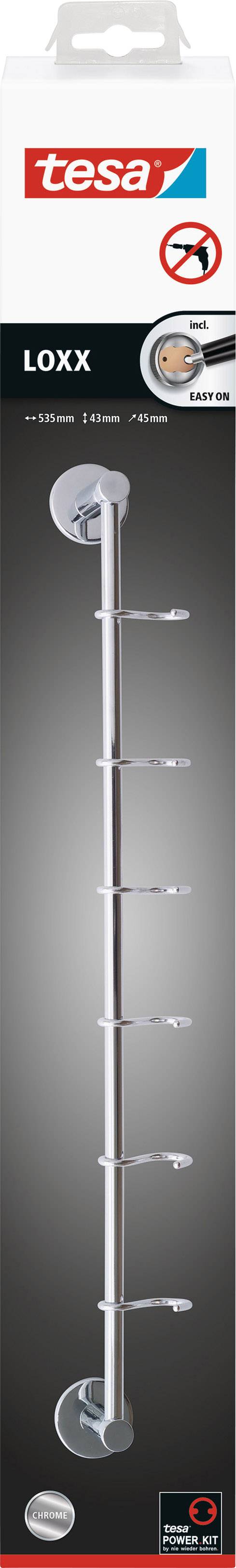 Packung eines tesa Loxx Duschstangensets mit sechs Haken, geeignet zur bohrfreien Montage mit Power.Kit-Technologie.
