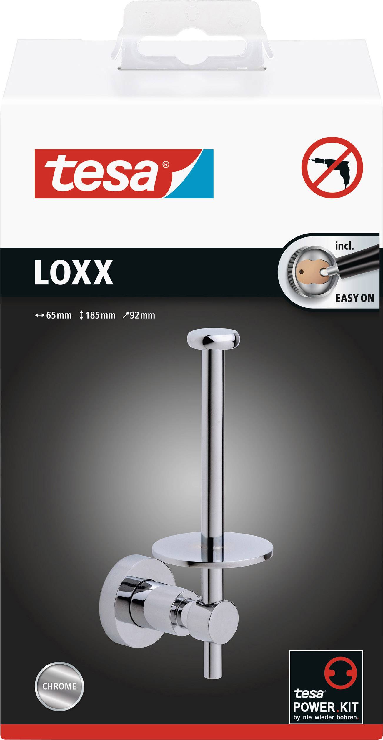 Verpackung eines tesa LOXX Toilettenpapierhalters in Chrom mit Befestigung ohne Bohren.