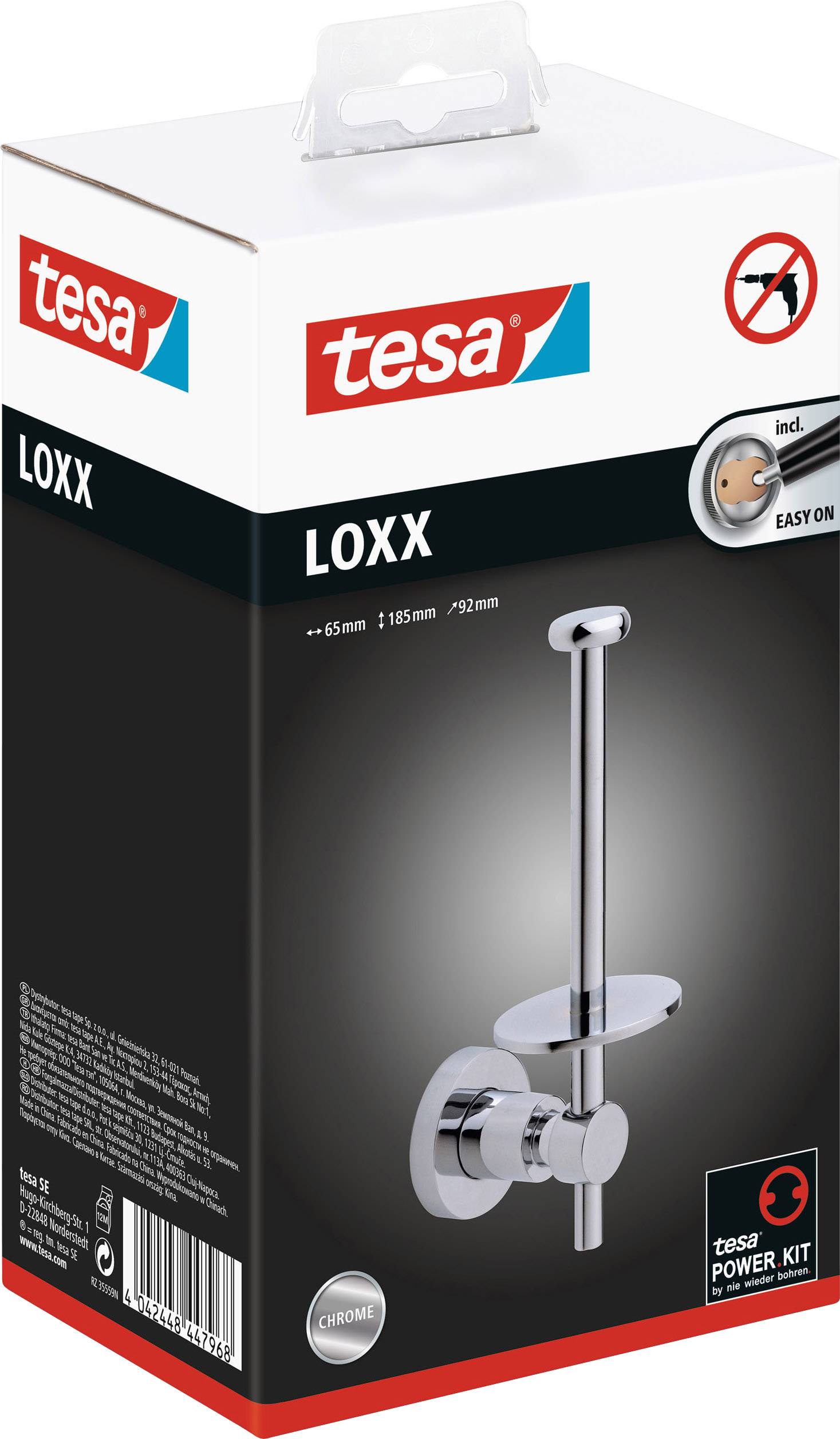 Verpackung eines tesa Loxx Wandhalters mit Power Kit. Abgebildet ist ein Chrom-Wandhalter mit bohrfreier Befestigung.