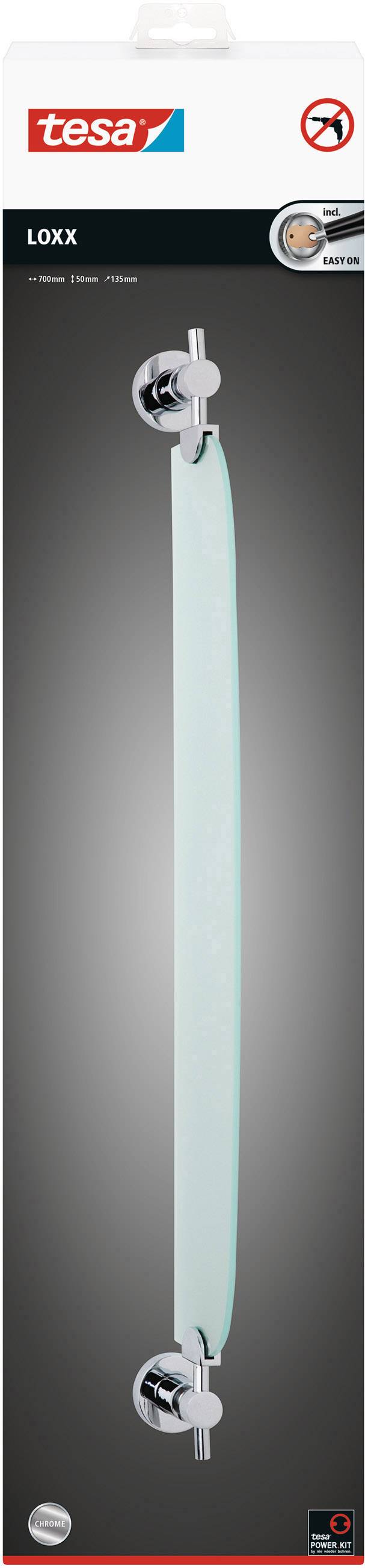Das Bild zeigt eine Verpackung von 'tesa Loxx', einem selbstklebenden Handtuchhalter in glänzendem Chrom-Look, ohne Bohren montierbar.