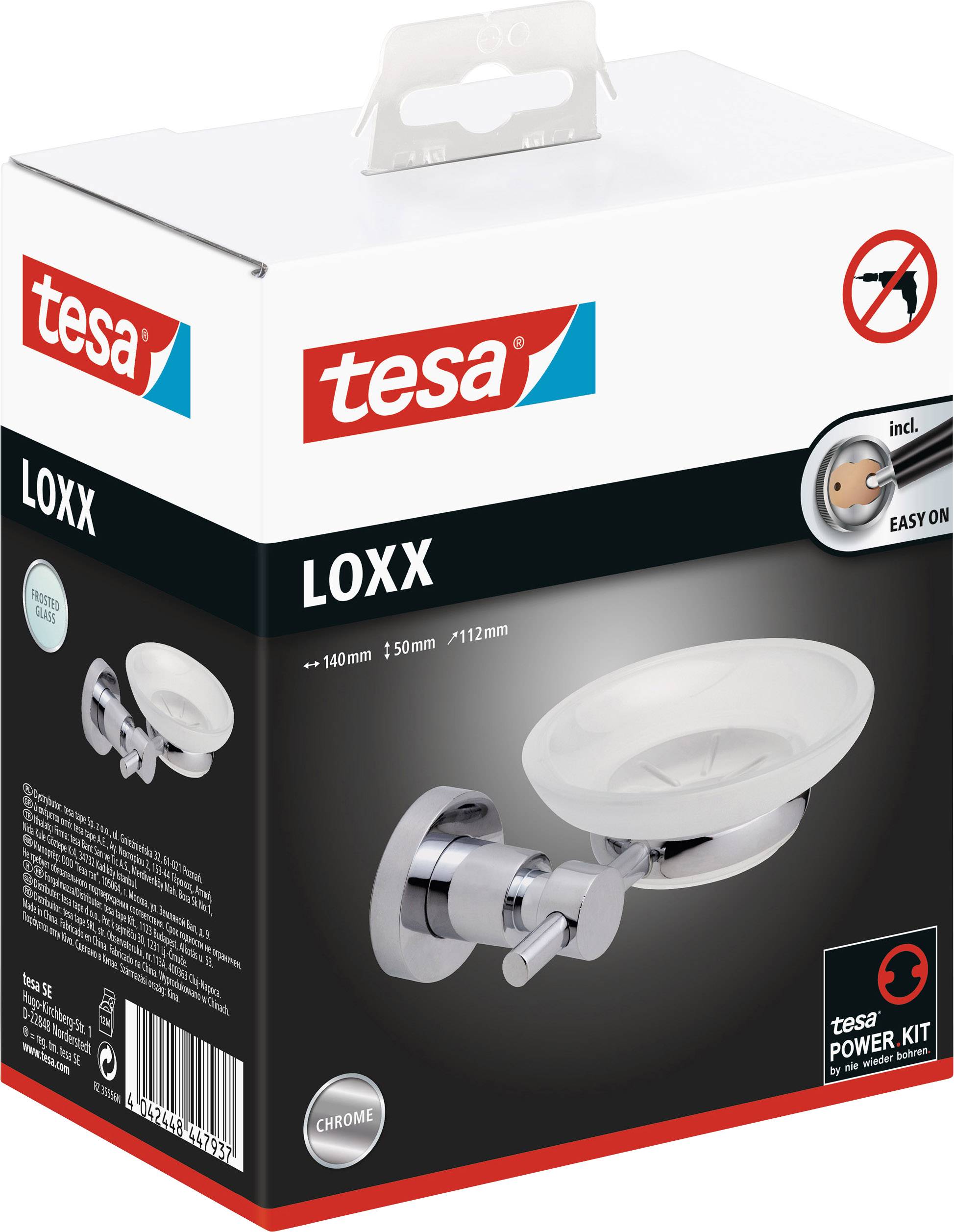 Verpackung des tesa LOXX Seifenschale, chrom, mit Power.Kit Befestigungssystem. Enthält Bild der Seifenschale und das tesa-Logo.