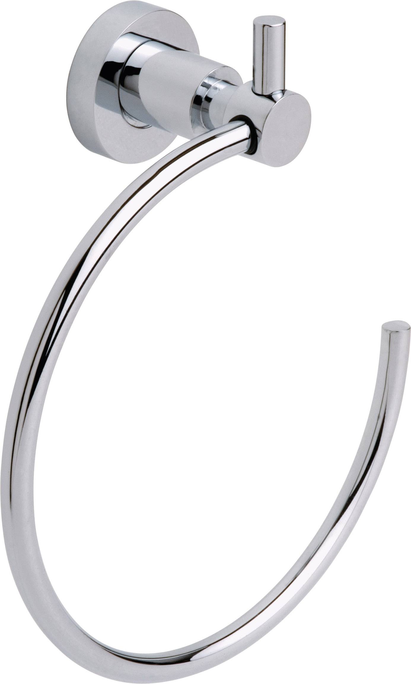 Ein silberner Handtuchhalter in Ringform zur Wandmontage. Schraubbeschlag sichtbar. Geeignet für Badezimmer.