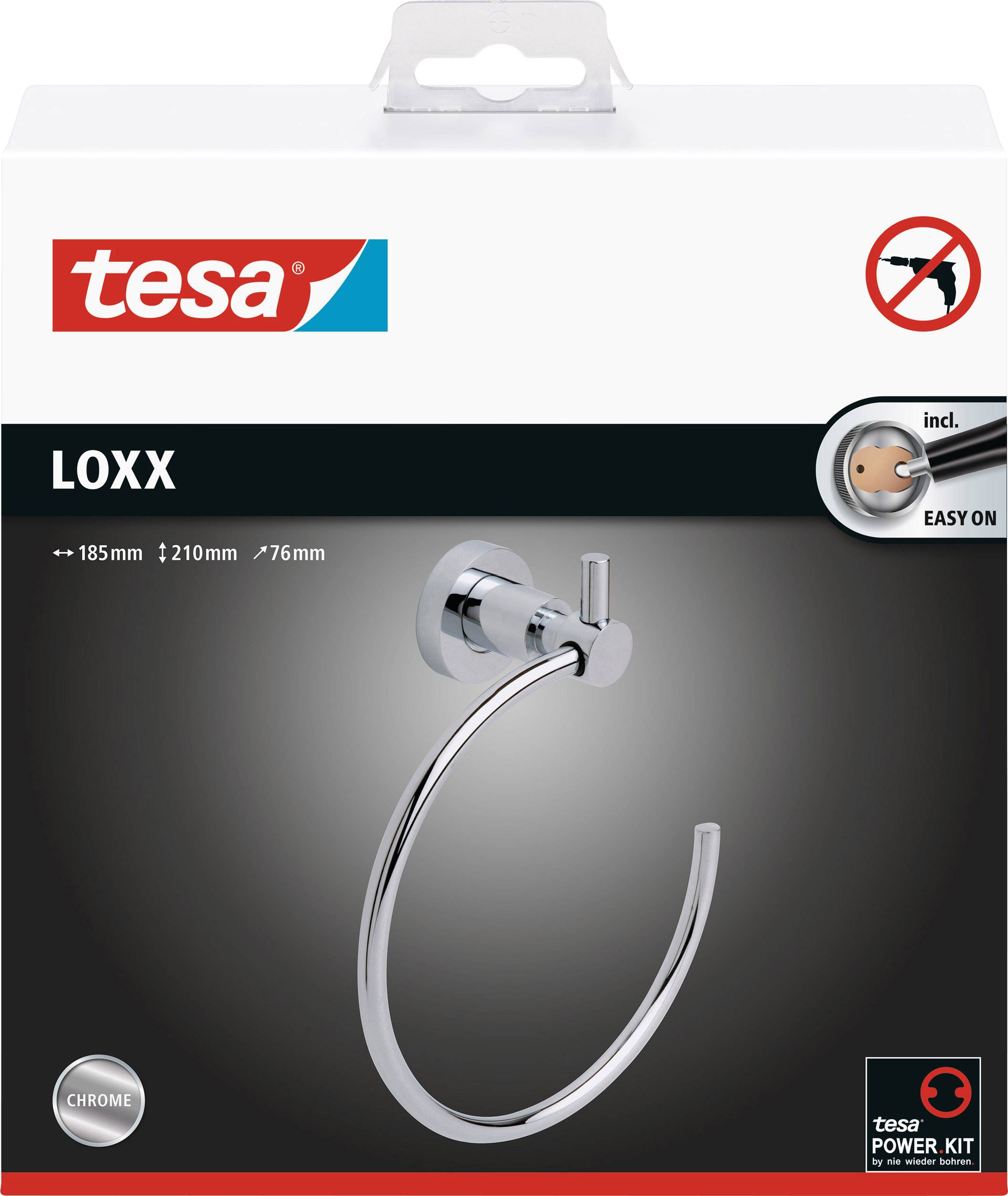 Verpackung von Tesa LOXX Handtuchring mit Power.Kit Befestigung, abgebildet in Chrom, inklusive Befestigung ohne Bohren.