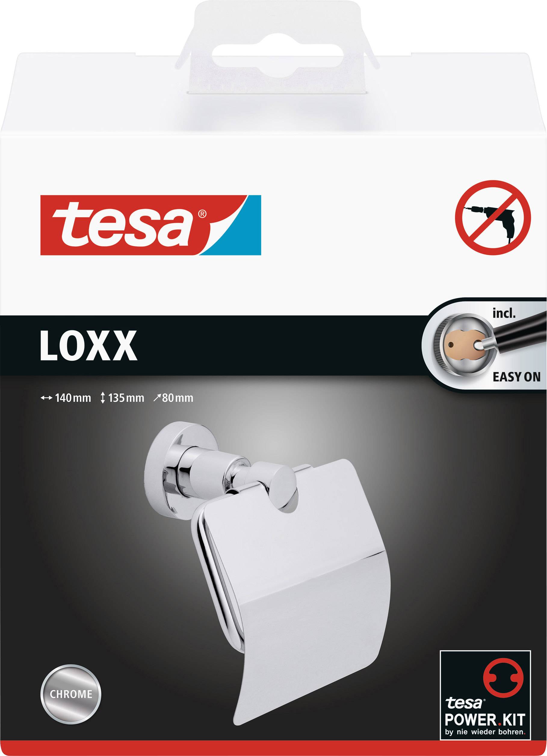 Verpackung für tesa Loxx Toilettenpapierhalter in Chromoptik mit Easy-On-Montage, inklusive Power.Kit zur kleberelosen Befestigung.