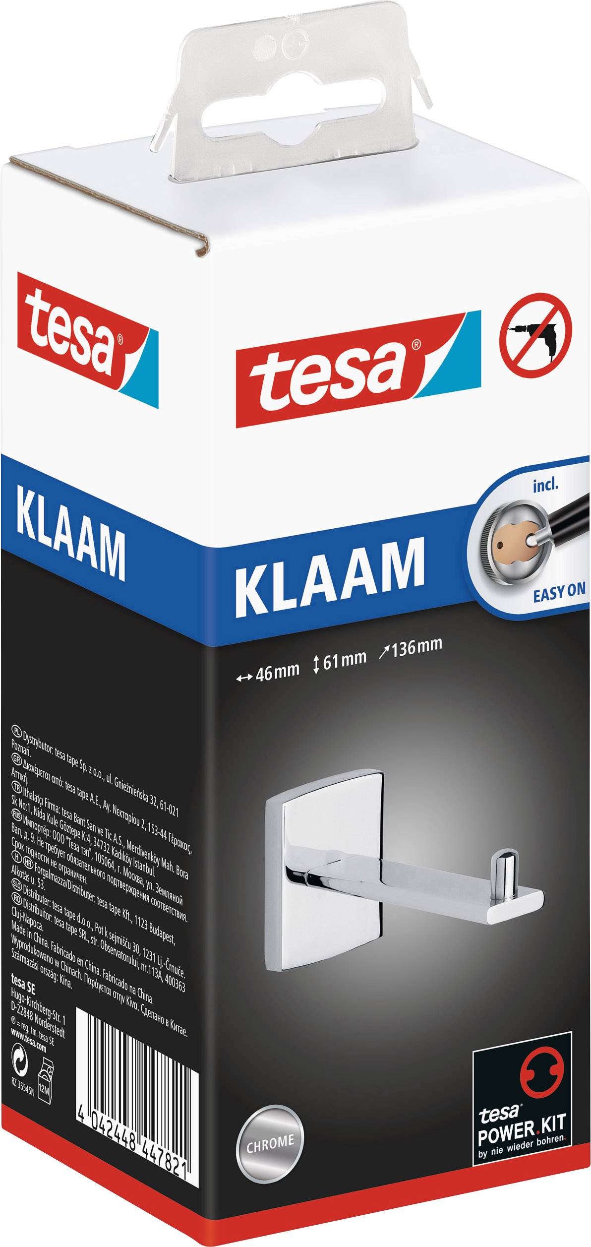 Verpackung eines Tesa-Klaam Chrom-Hakens, zeigt Produktabbildung und Markennamen. Geeignet für vielseitige Befestigungen.