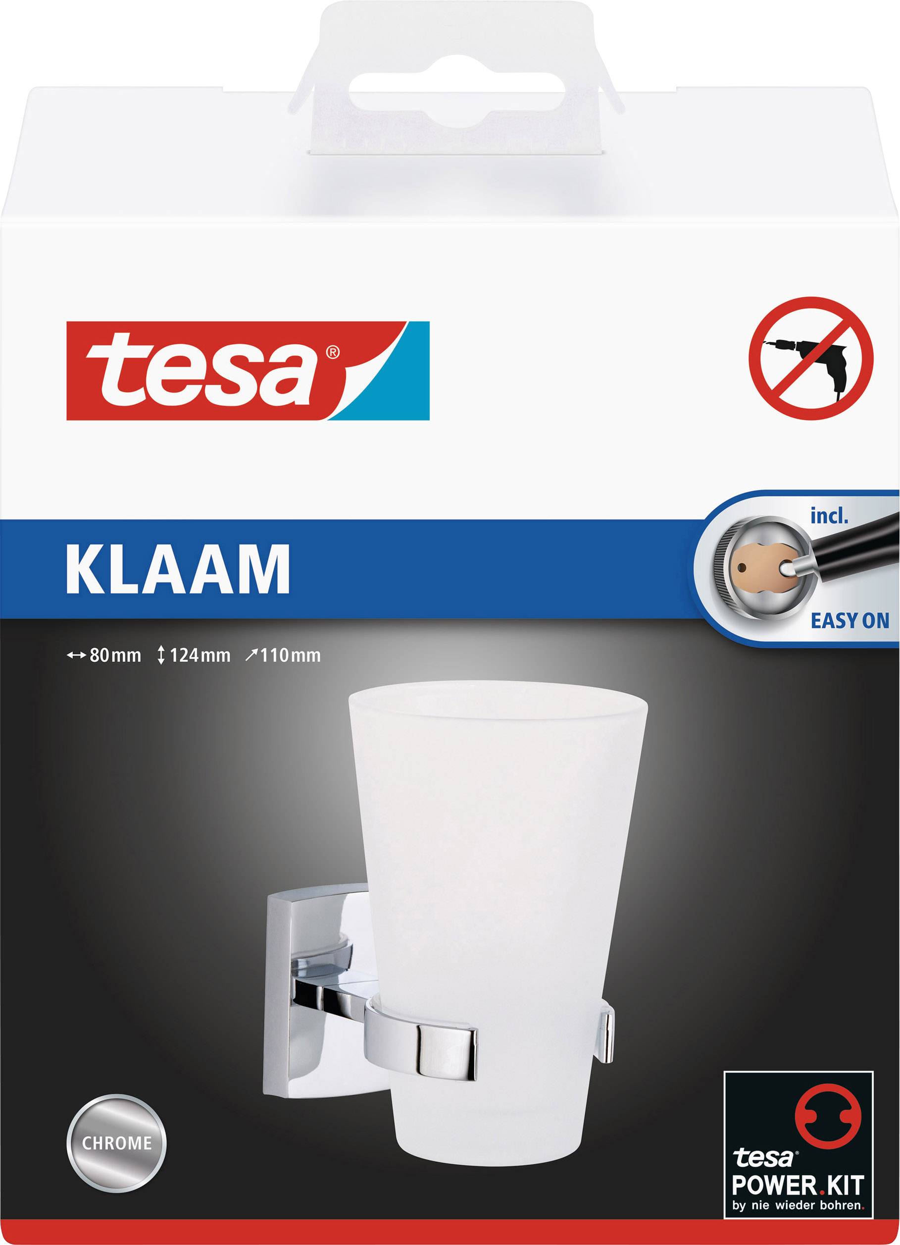 tesa KLAAM Zahnputzbecher-Set, inklusive Befestigungsset, einfache Montage ohne Bohren, chromfarben mit satinierter Oberfläche.