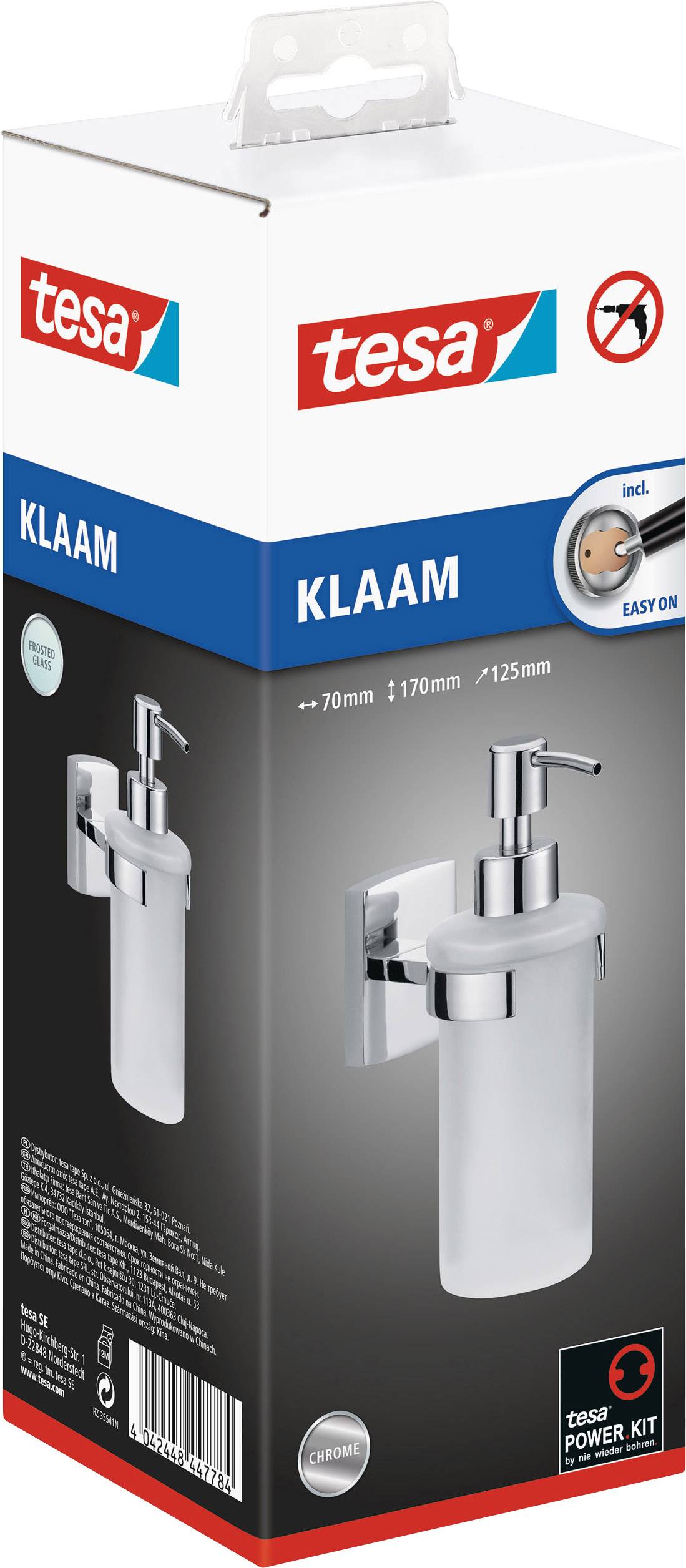 Verpackung eines Tesa Klaam Seifenspendersets mit Wandhalterung, einfache Montage ohne Bohren, abgebildet in silberner Farbe.