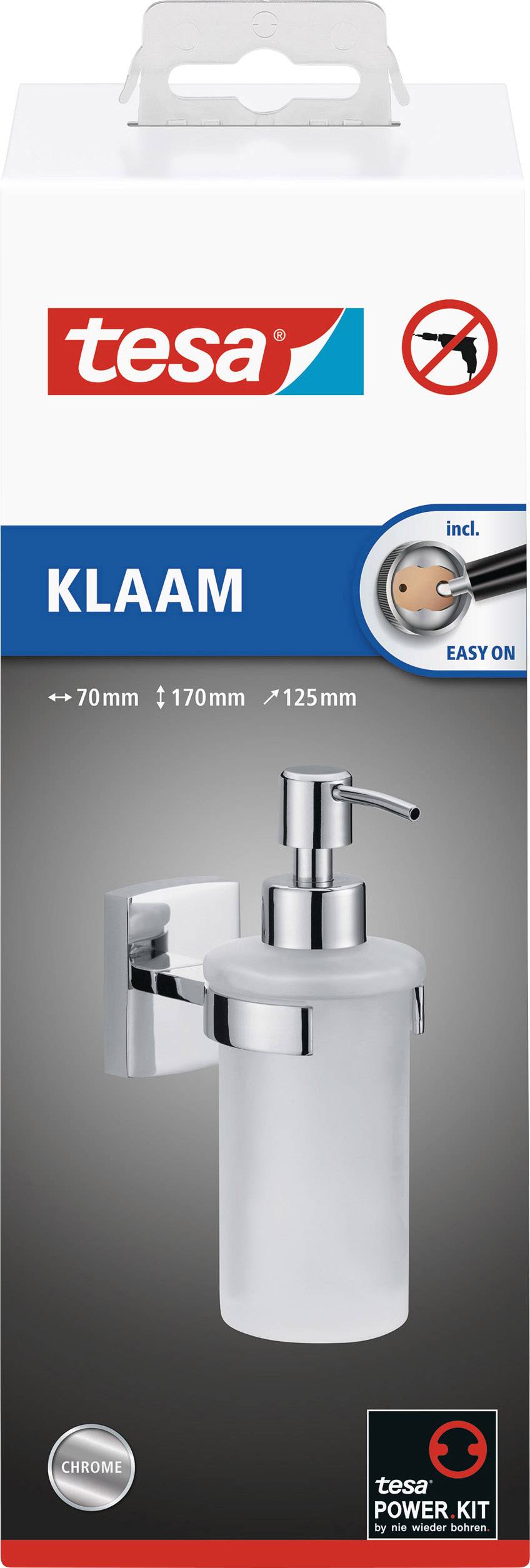 Verpackung eines Tesa Seifenspenders namens 'Klaam' mit Wandhalterung, Chromoptik, Montagehinweis 'Easy On', Abmessungen: 70x170x125 mm.