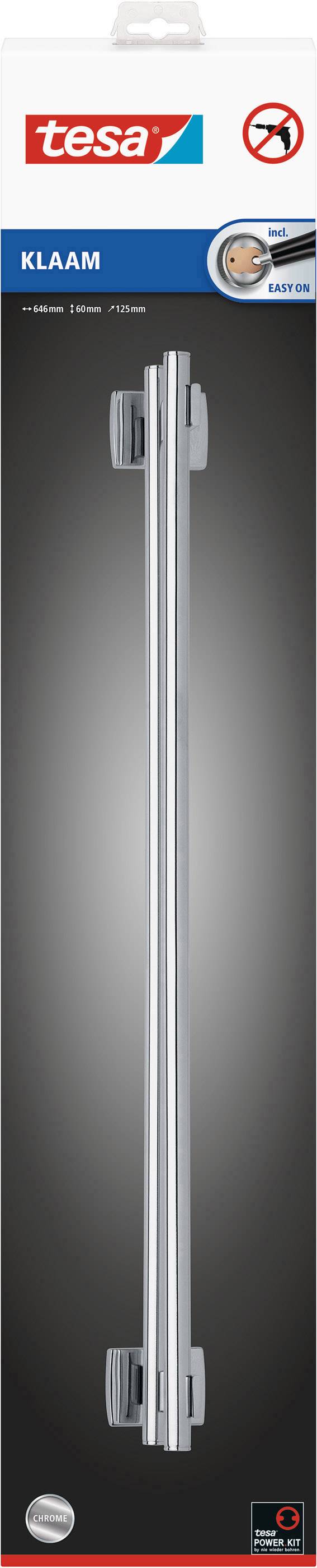 Verpackung eines Duschabziehers der Marke Tesa mit der Bezeichnung 'KLAAM'. Oben ist das Tesa-Logo und ein Hinweis 