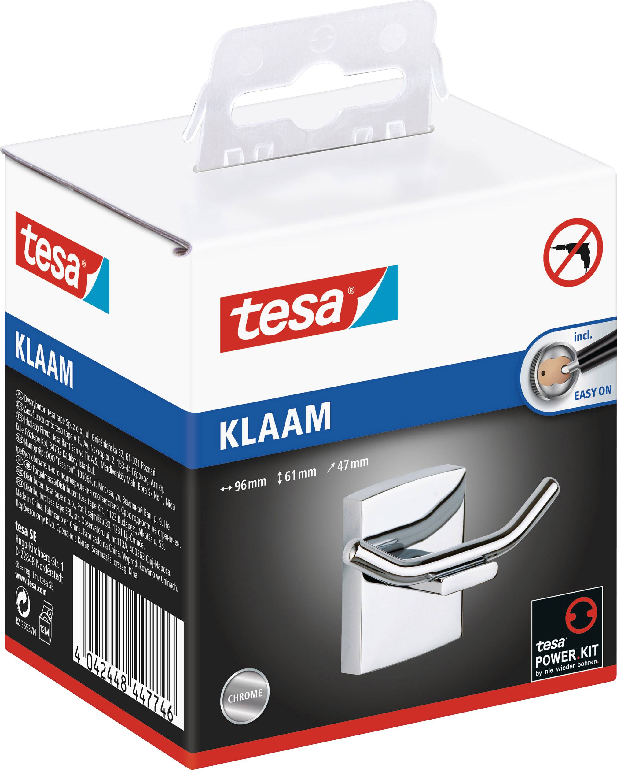 Eine Verpackung von tesa KLAAM, einem selbstklebenden Handtuchhaken in Chromoptik. Enthält Produktvorteile und Anwendungsinformationen.