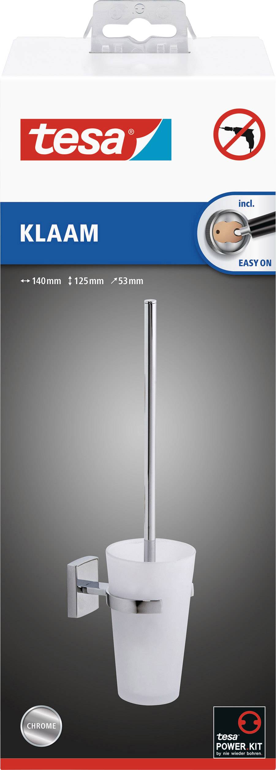'Klaam' WC-Bürstenhalter von Tesa, einfach zu installieren ohne Bohren, mit Halterung aus Chrom und weißem Bürstenbehälter.