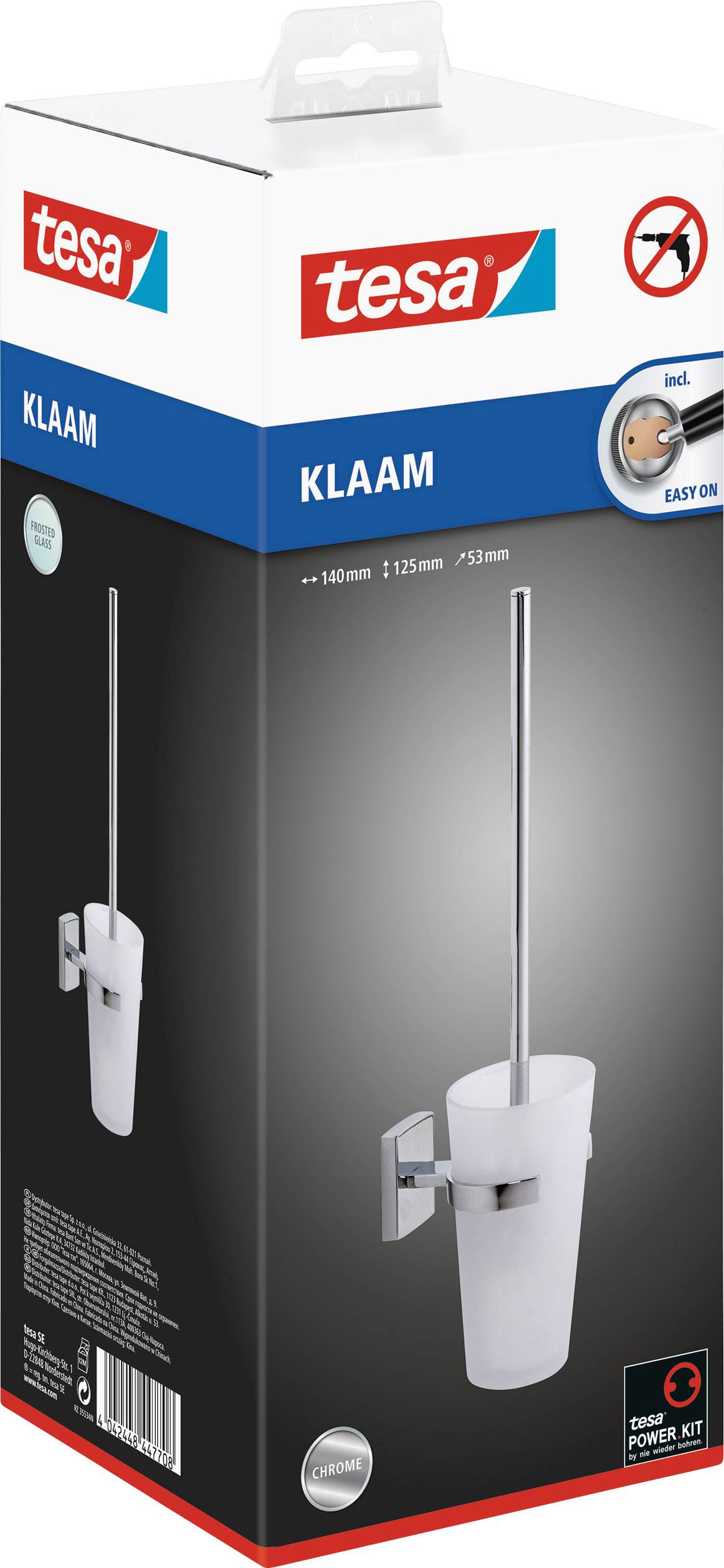 Verpackung einer WC-Bürstengarnitur. Marke: tesa. Enthält selbstklebenden Wandhalter mit Befestigungsmechanismus 'Power.Kit'.