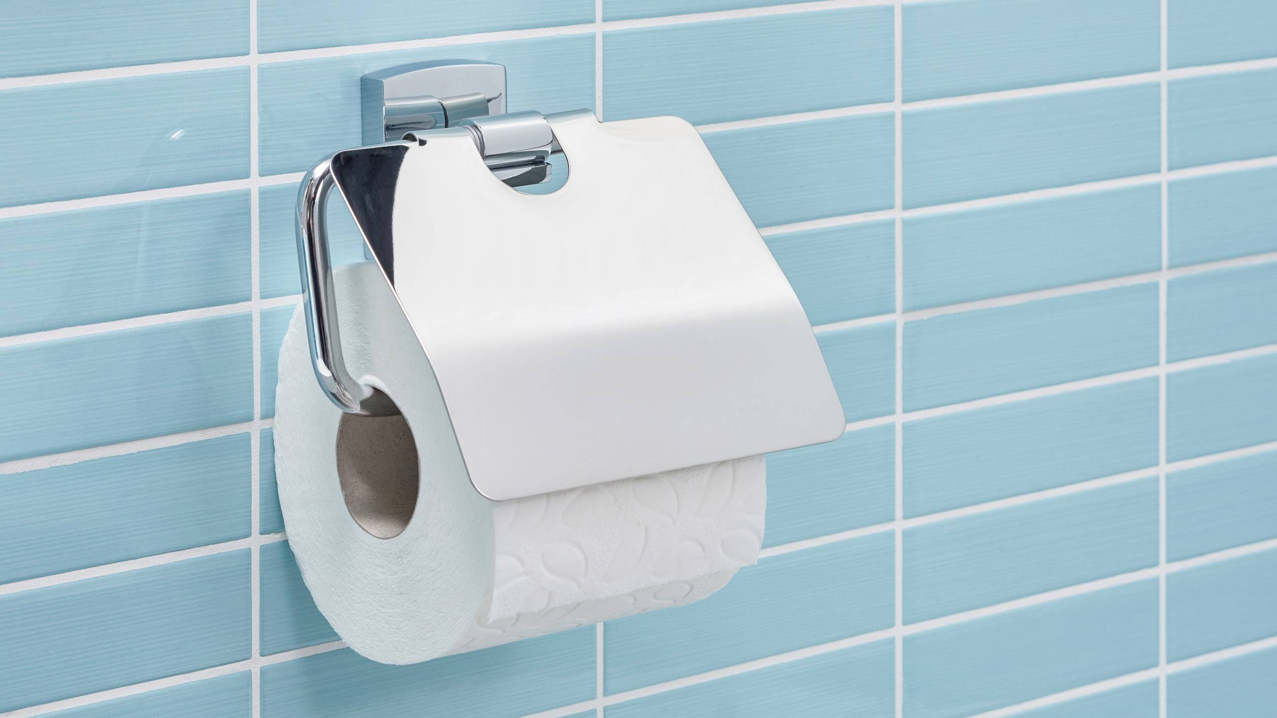 Toilettenpapierrolle hängt an einem silbernen Halter vor einer blauen gefliesten Wand.