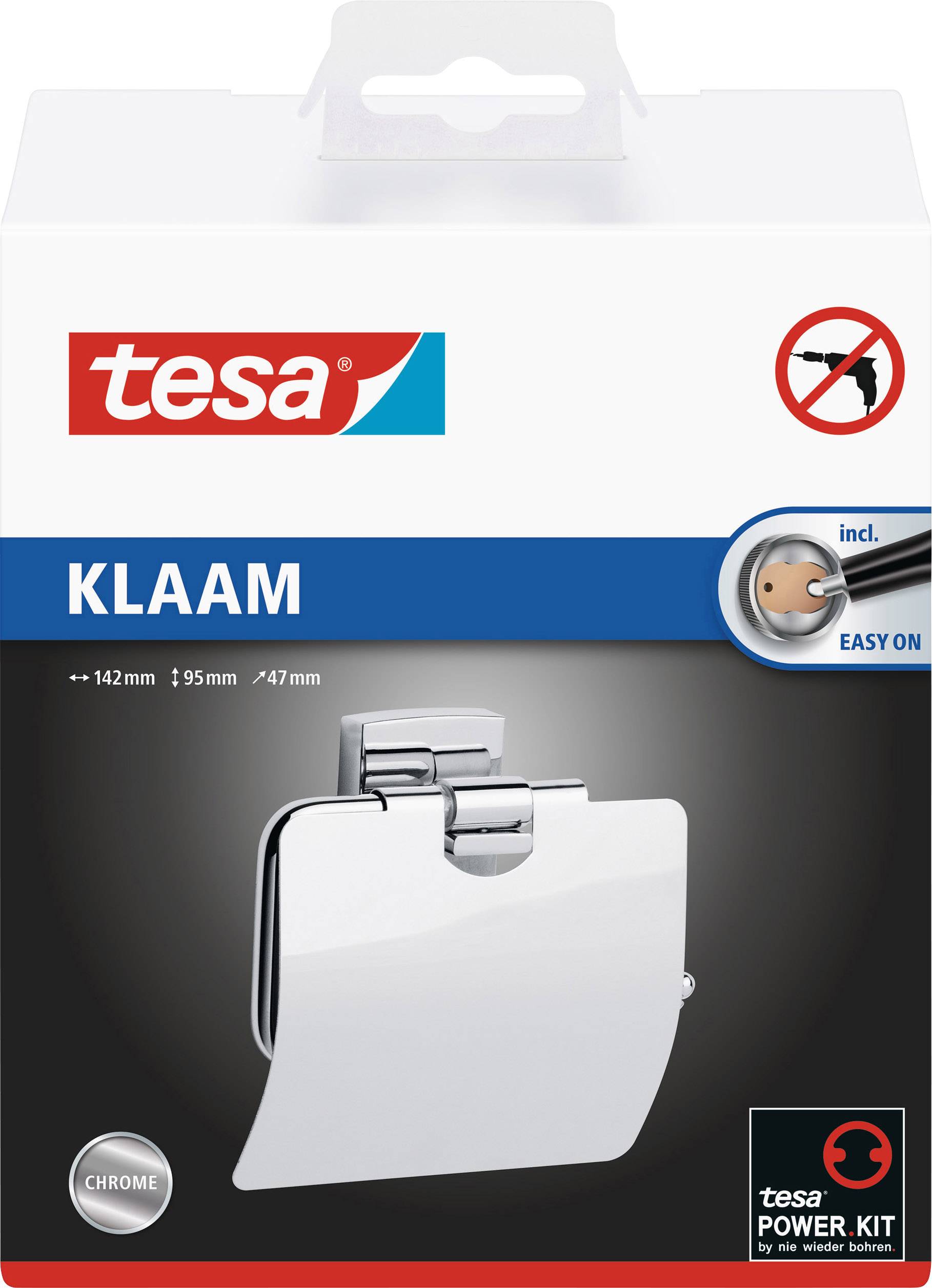 Verpackung eines Tesa Klebe-Handtuchhalters, verchromt, inklusive Montagekit. Abgebildet ist das Produkt in schwenkbarer Ansicht.