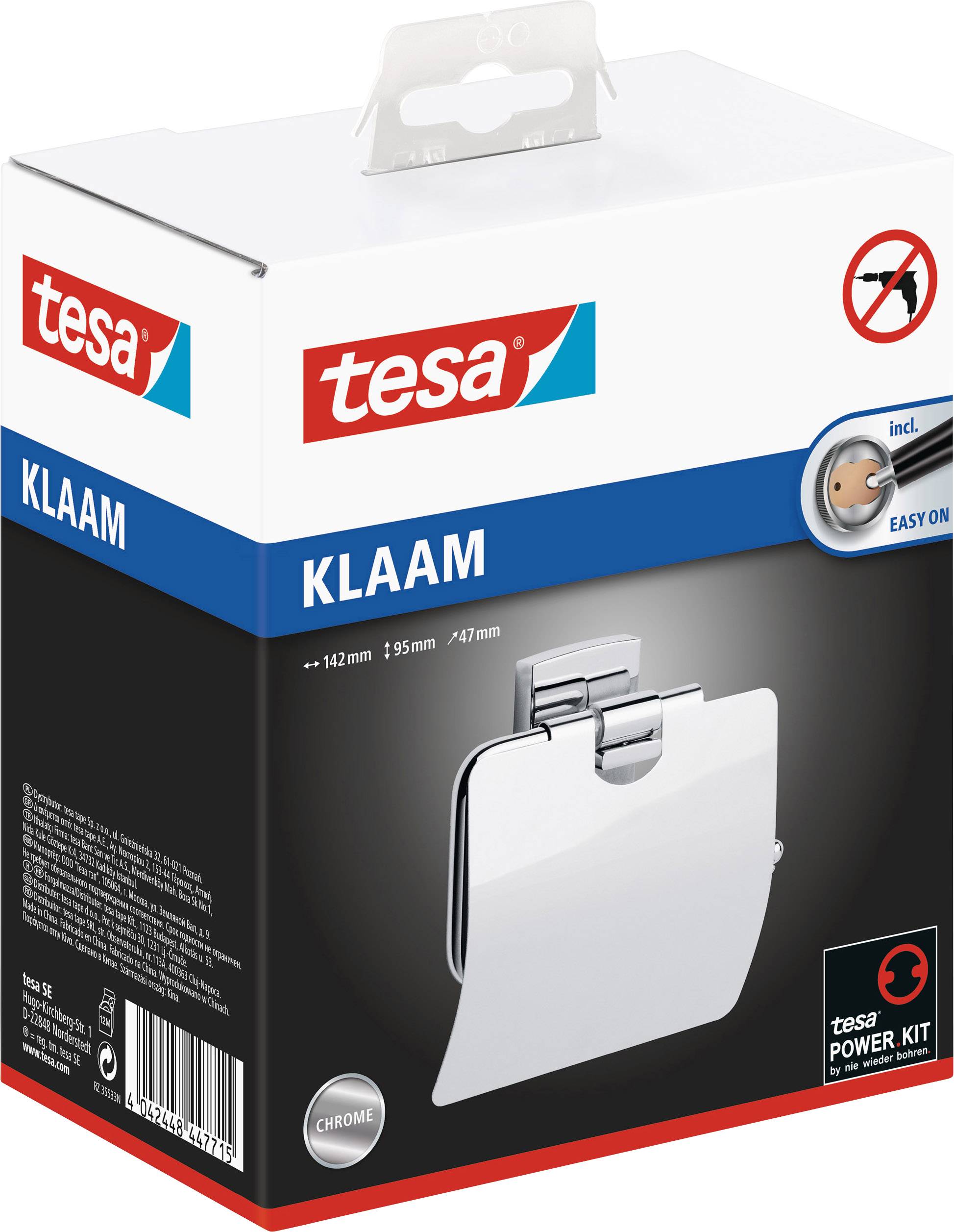 Verpackung eines 'tesa KLAAM' Chrom-Toilettenpapierhalters mit Easy-On-Befestigungssystem, Maße 142x155x47 mm.