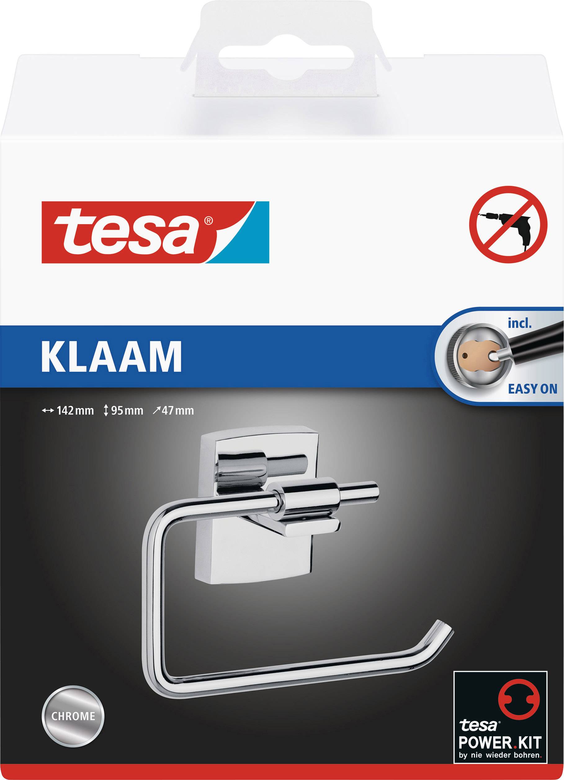 Darstellung einer tesa-Handtuchhalter-Verpackung, Modell Klaam, in Chromoptik. Enthält tesa Power Kit für einfache Montage.