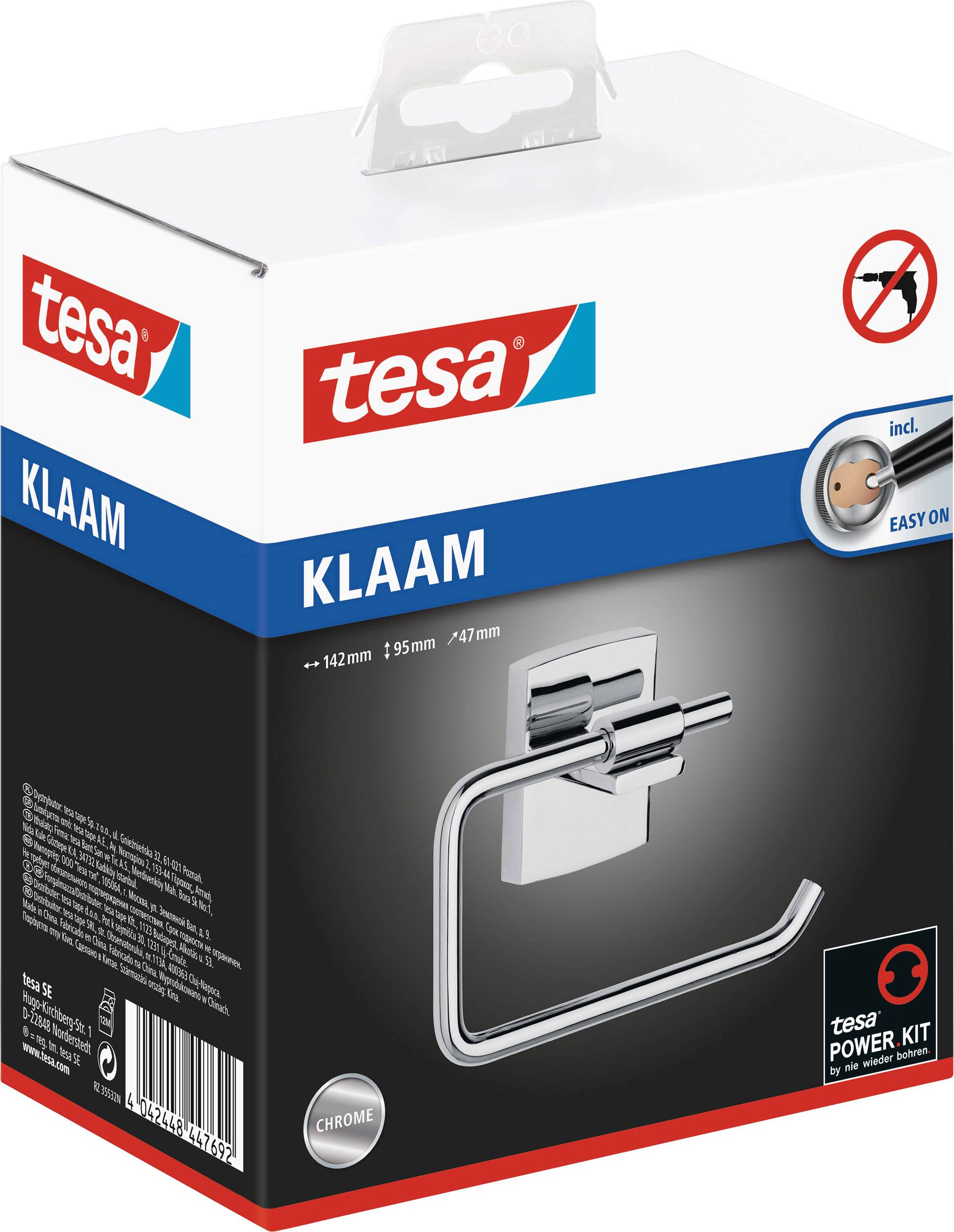Eine Verpackung mit einem verchromten Handtuchhalter von Tesa, einfache Montage, Produktname 'Klaam', ohne Bohren erforderlich.