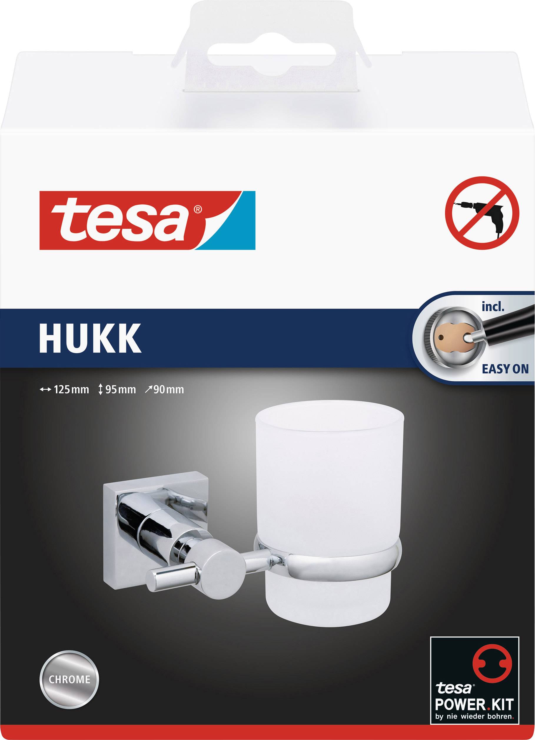 Verpackung einer Tesa HUKK Zahnputzbecherhalterung mit chromefarbener Halterung, enthält Tesa Power Kit für einfache Montage.