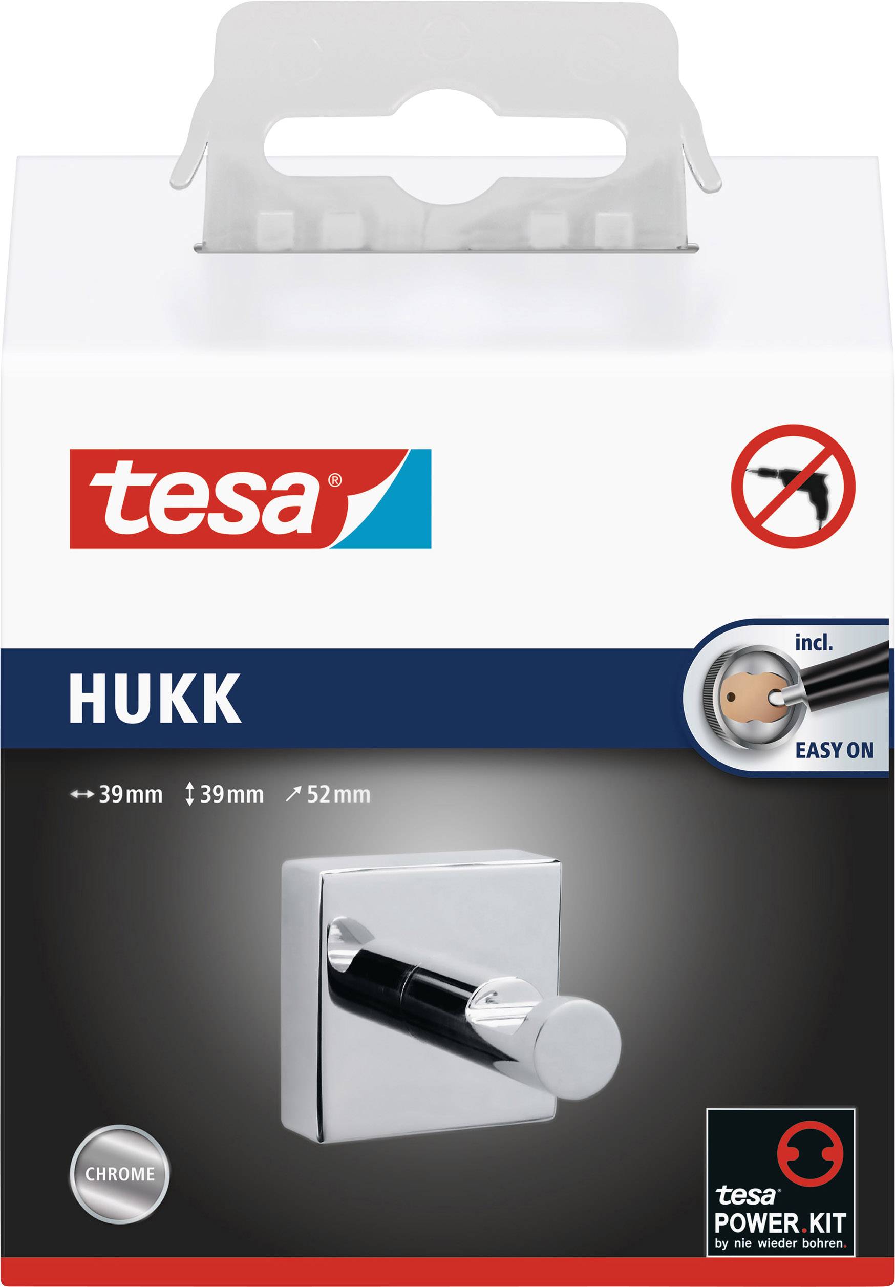 Verpackung eines tesa HUKK Wandhakens in Chromoptik, inklusive Power Kit für einfache Montage, ohne Bohren.