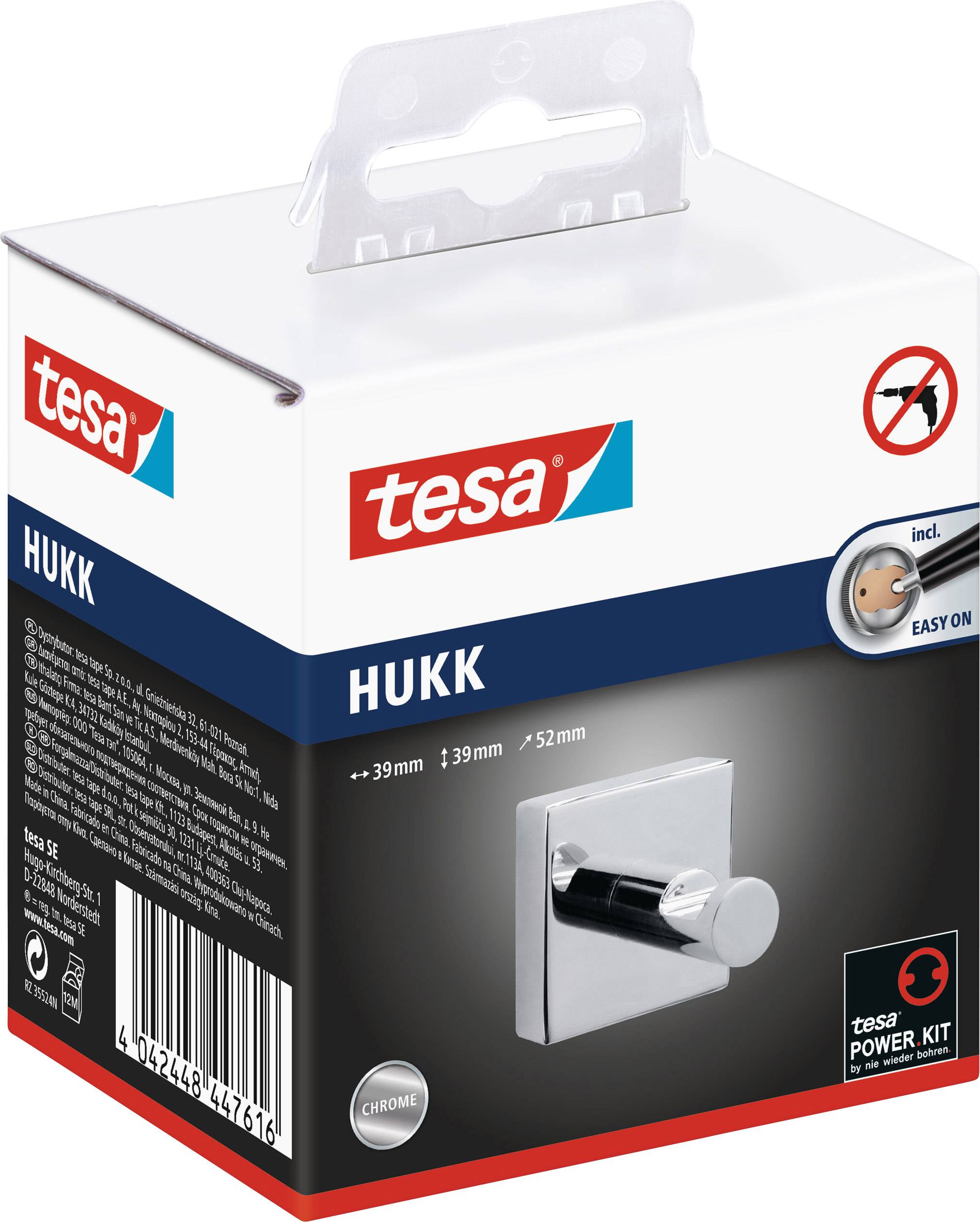 Eine Verpackung von 'tesa HUKK' selbstklebendem Haken, geeignet für glatte Oberflächen, inklusive leicht anzubringendem Power-Kit.
