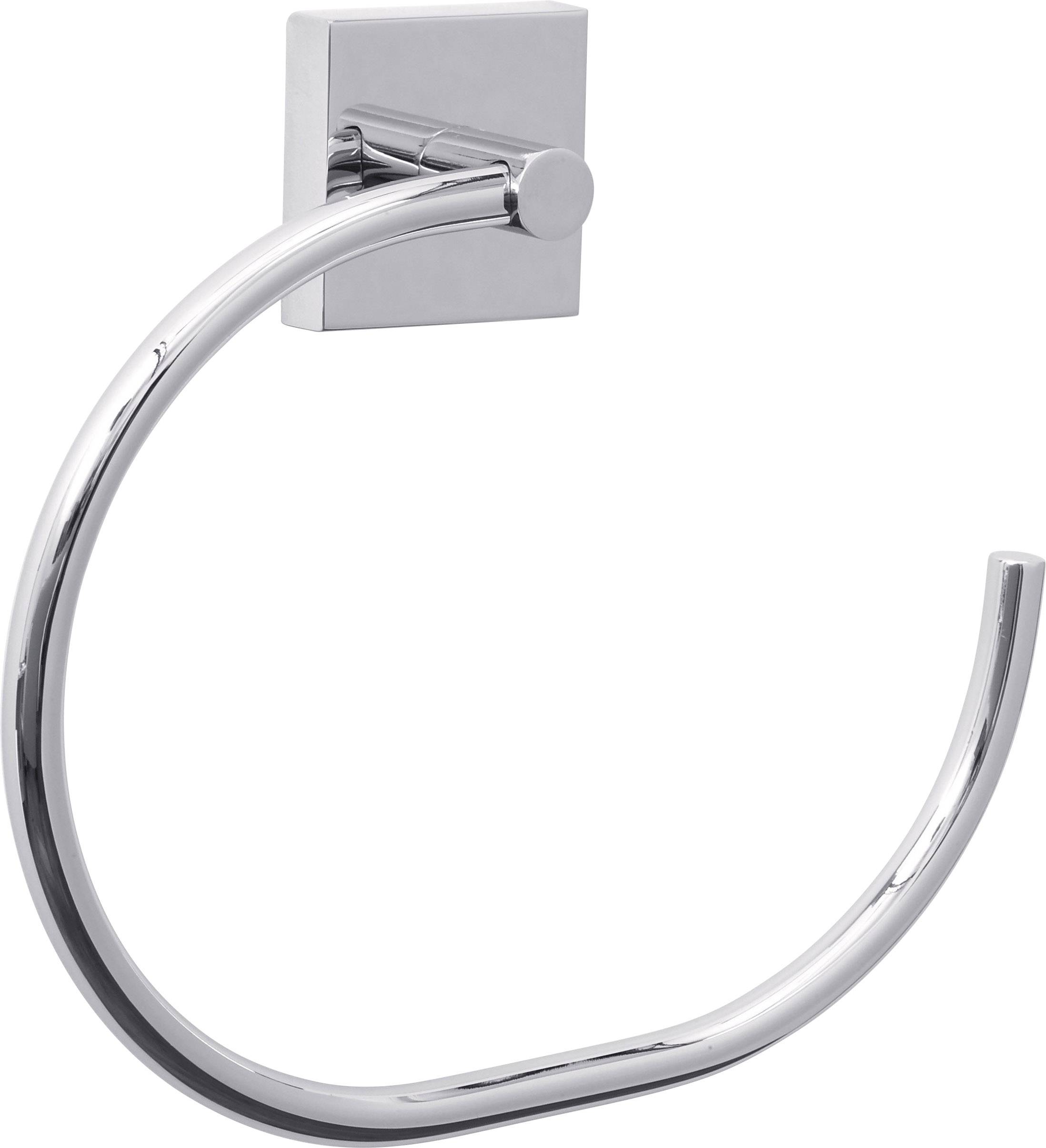 Metallischer Handtuchhalter in kreisförmigem Design mit Wandmontageplatte. Glänzende Oberfläche, moderne Optik.