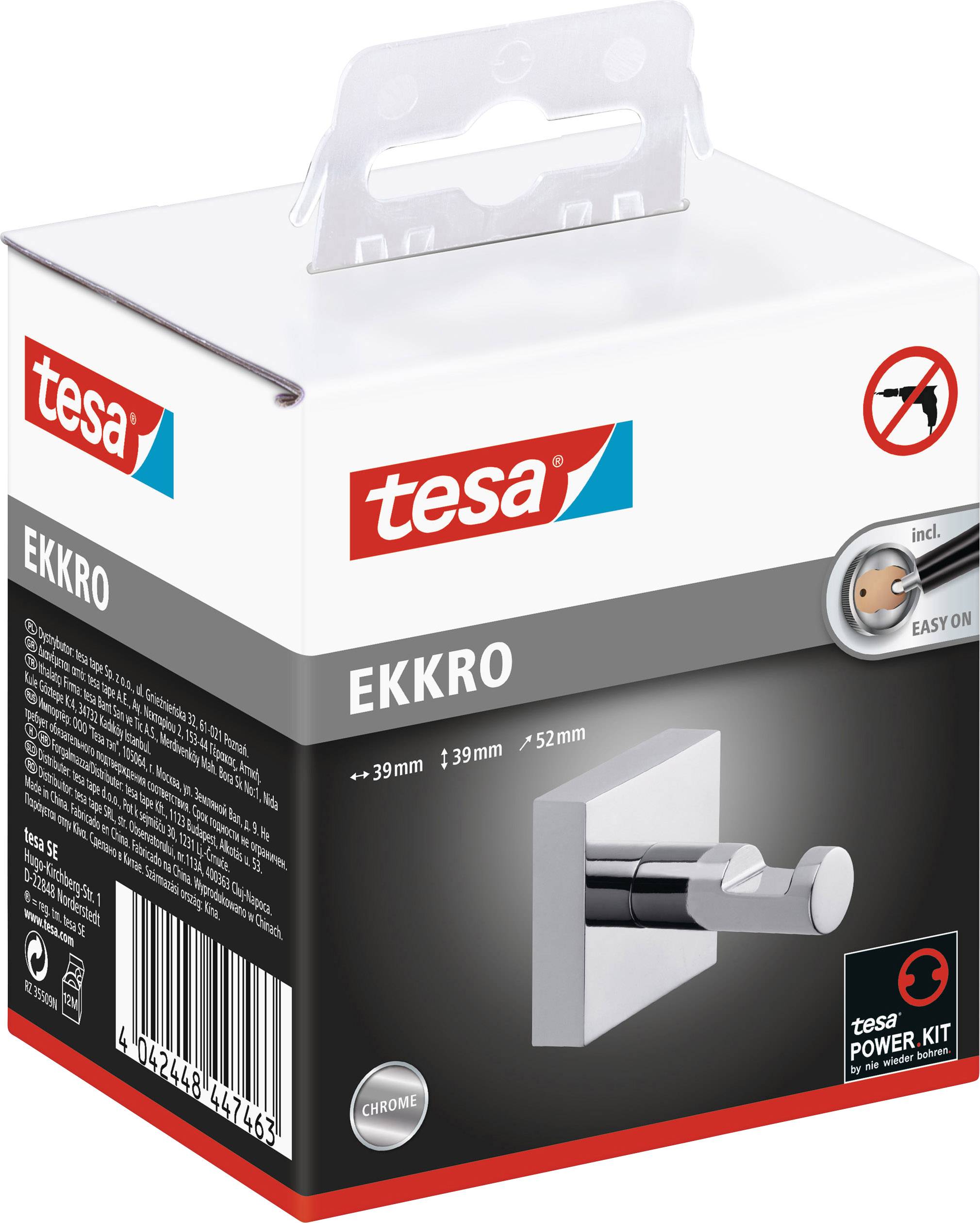 Eine Verpackung von tesa EKKRO, einem selbstklebenden Edelstahl-Wandhaken. Enthält Montage-Anleitung und Zubehör.