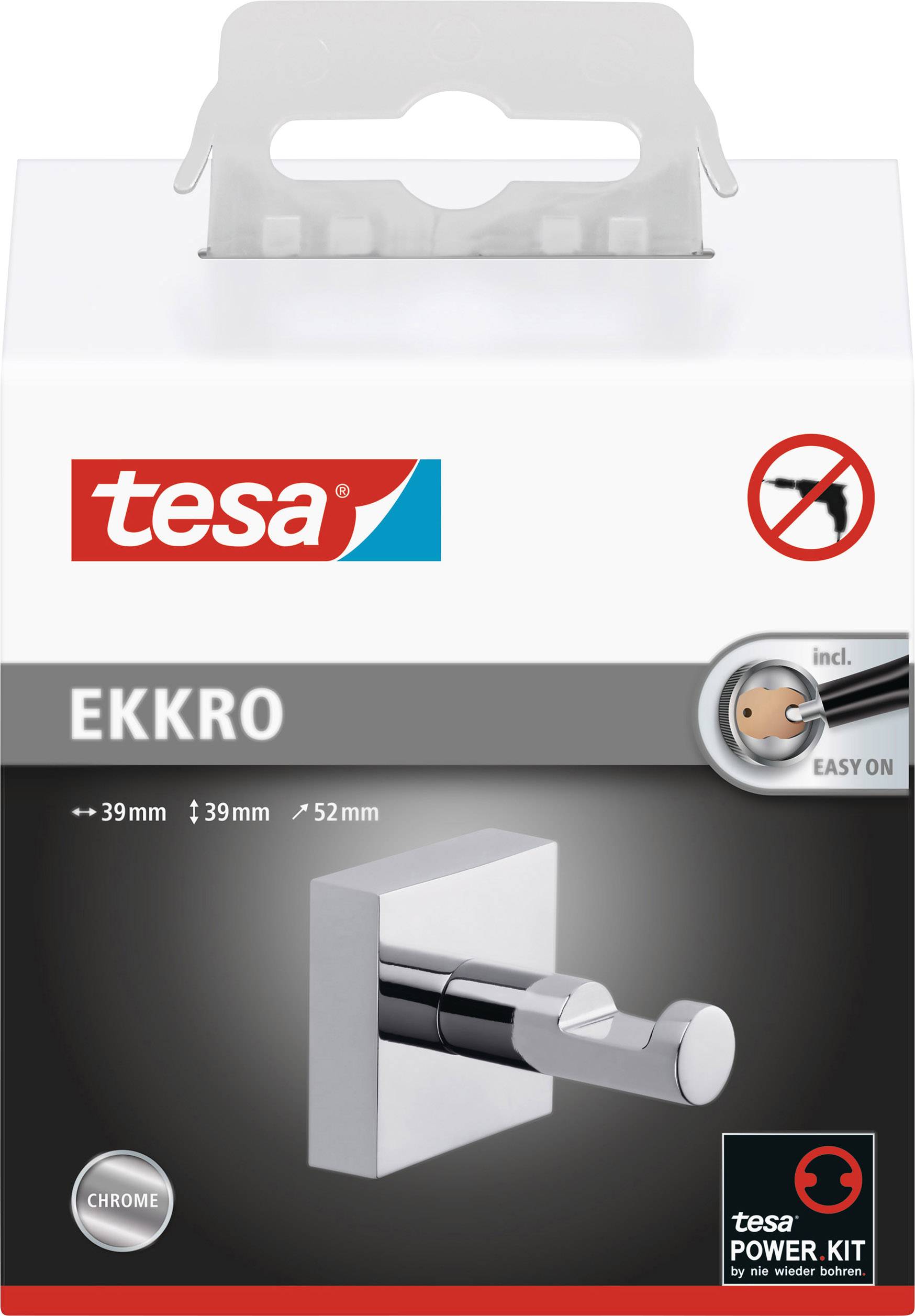 Verpackung eines selbstklebenden tesa EKKRO Wandhakens aus Chrom, 39 mm x 39 mm x 52 mm, inklusive Power Kit für einfache Montage.