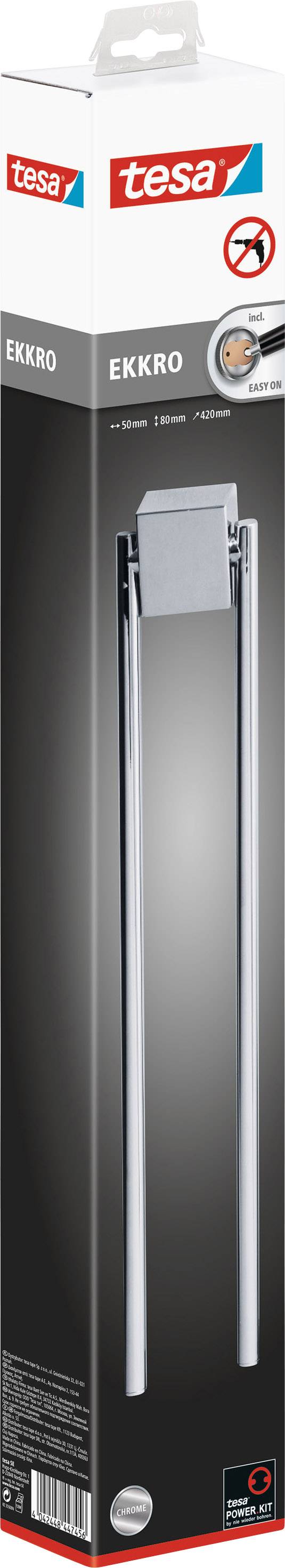 Verpackung einer Tesa Ekkro Handtuchstange, dargestellt in Hochformat. Zeigt das Produktdesign und das Logo der Marke.