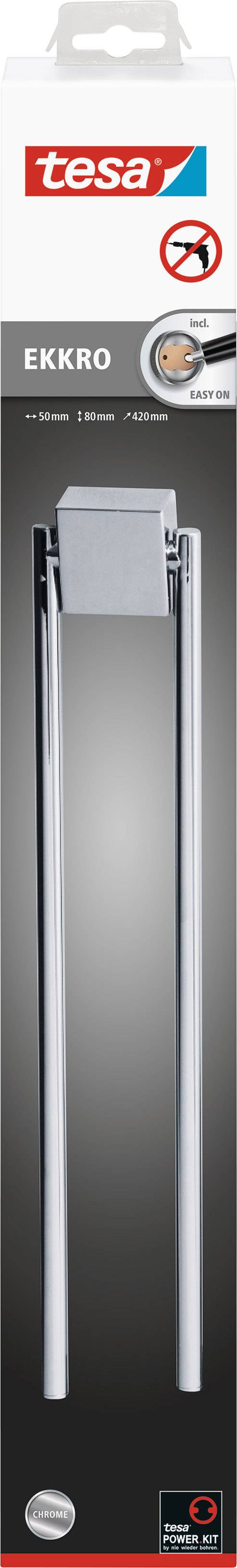Verpackung eines tesa Ekkro Handtuchhalters, ohne Bohren lösbar, zeigt Produktbild mit Details zur Montage und Anwendung.