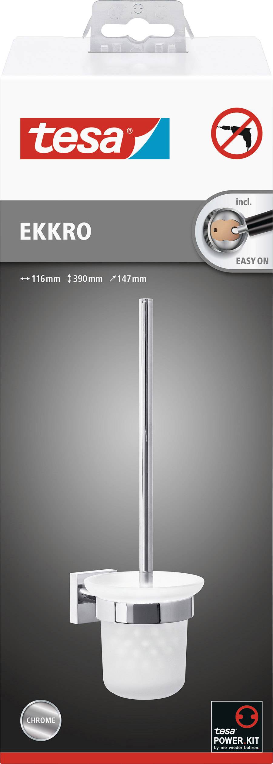 Verpackung von Tesa Ekkro WC-Bürstenhalter mit integriertem Klebesystem, einfache Montage ohne Bohren, in Chromoptik.