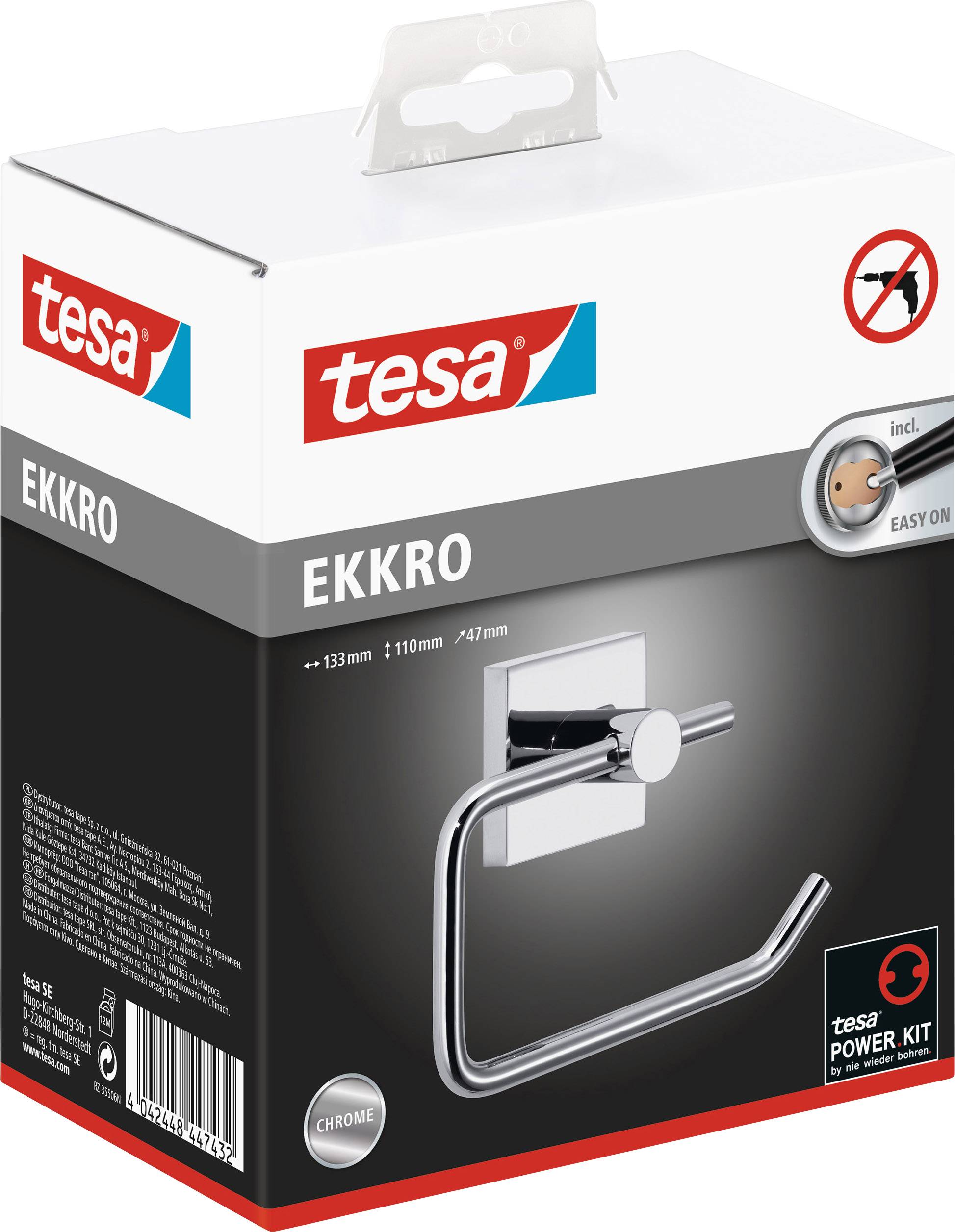 Eine Verpackung mit einem silbernen Handtuchhalter von 'tesa', Modell 'EKKRO', mit einfachem Montagesystem und Power.Kit.