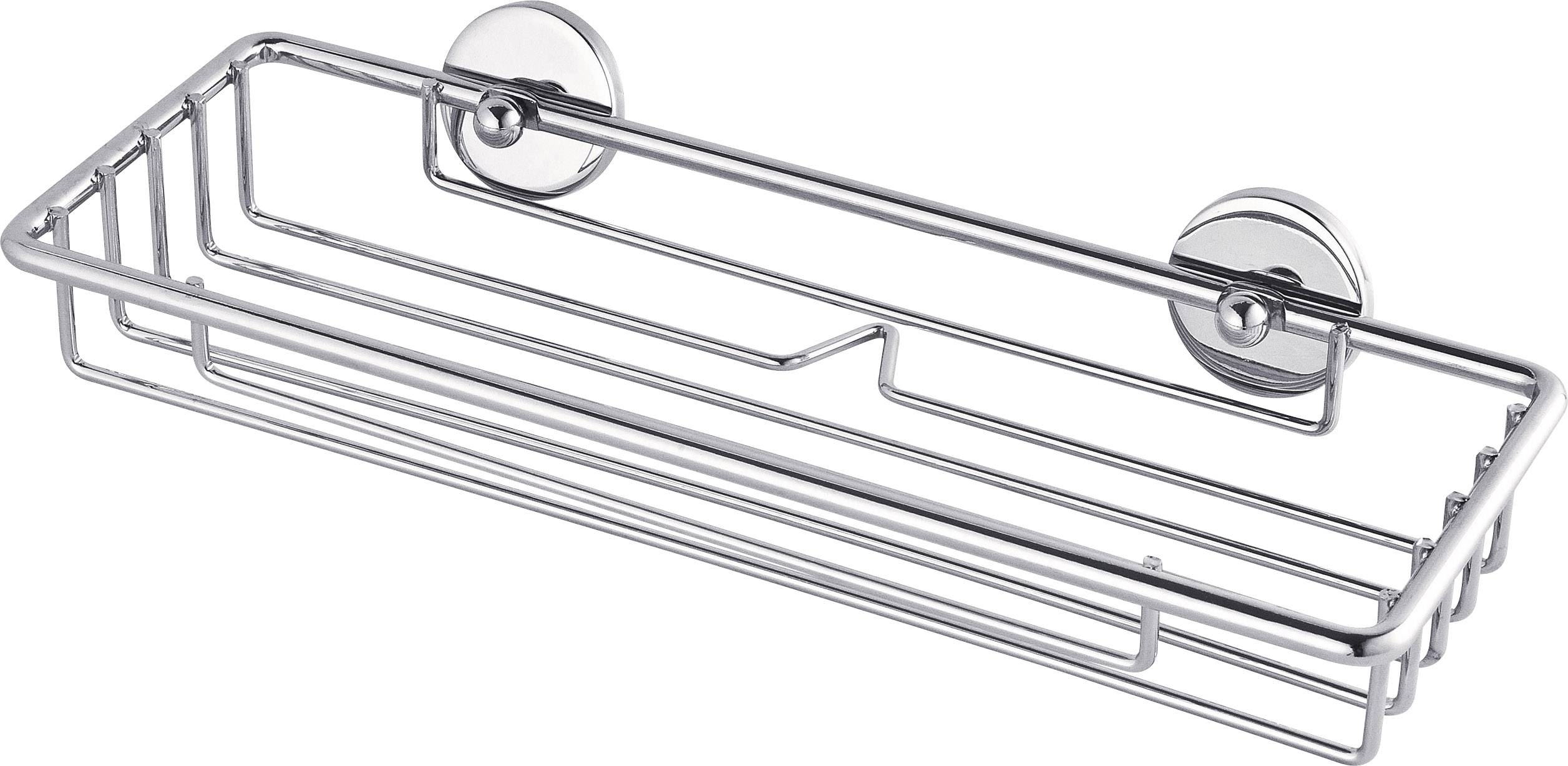 Silbernes Duschregal aus Metall mit zwei runden Halterungen zur Wandmontage. Ideal zur Aufbewahrung von Duschartikeln.