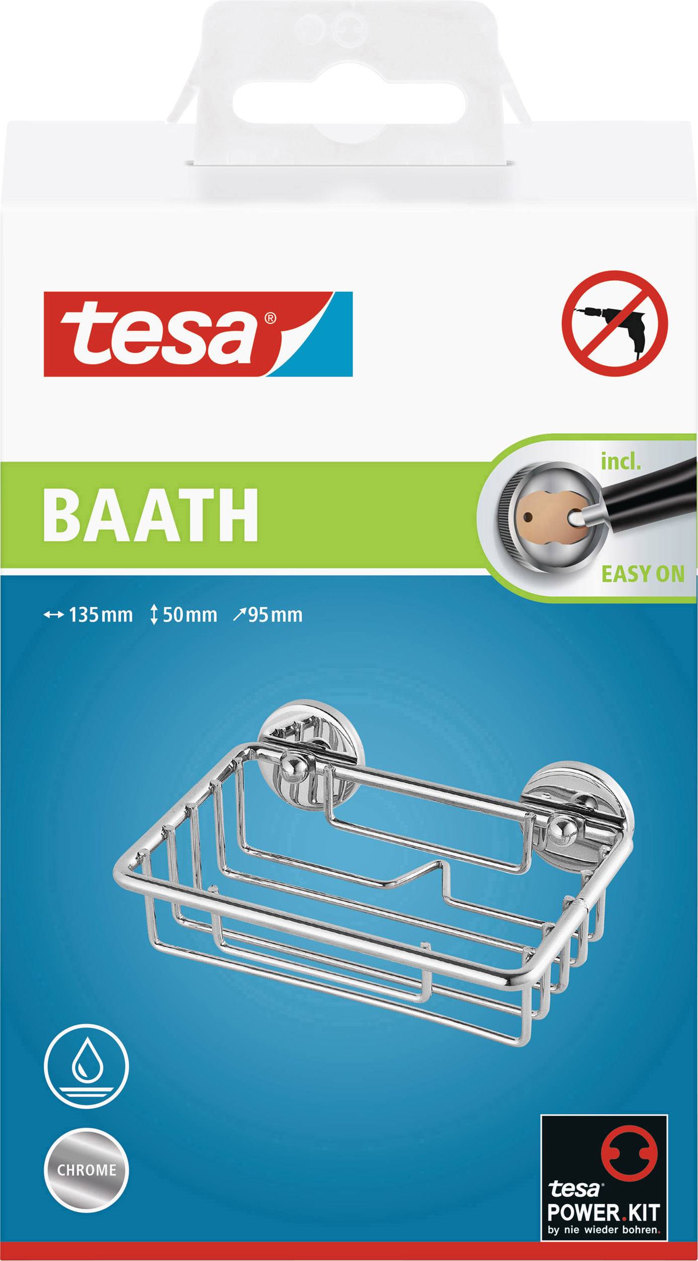 Verpackung einer Tesa BAATH Duschablage mit 'Easy On' Befestigung ohne Bohren, in Chromoptik. Geeignet für feuchte Umgebungen.