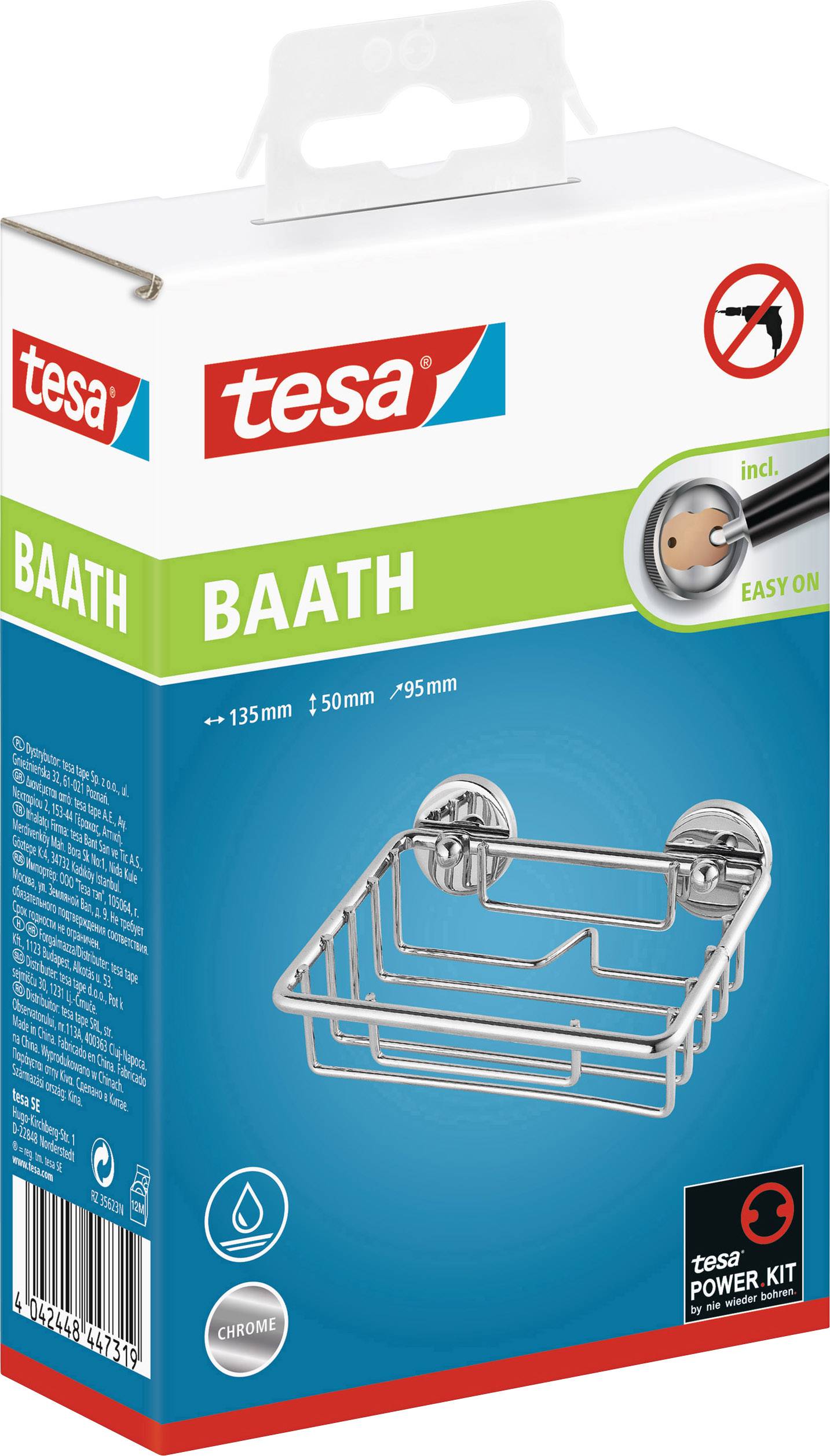 Verpackung eines tesa BAATH Duschkorbs mit Befestigungsset und Wasserabweisungs-Symbol, in Chromoptik, ohne Bohren nötig.