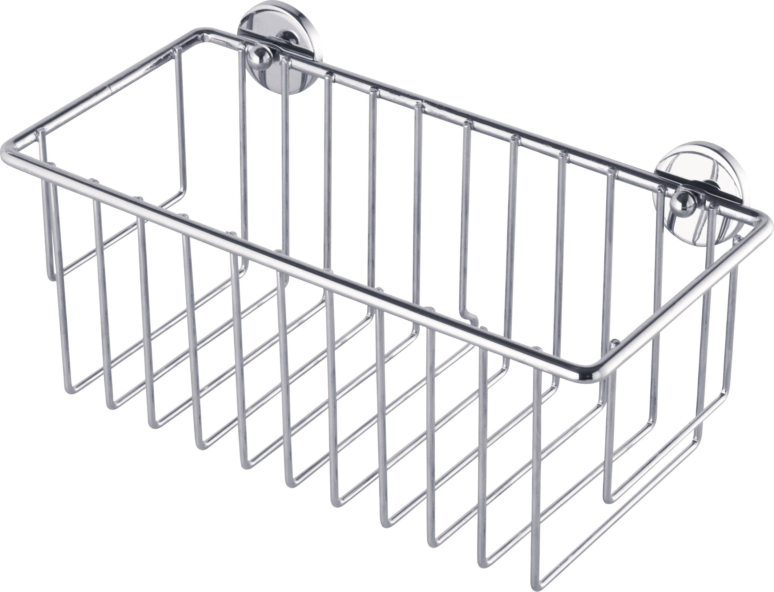 Metallkorb mit zwei an der Wand befestigten Saugnäpfen, geeignet zum Aufbewahren von Badezimmerartikeln wie Shampoo oder Seife.