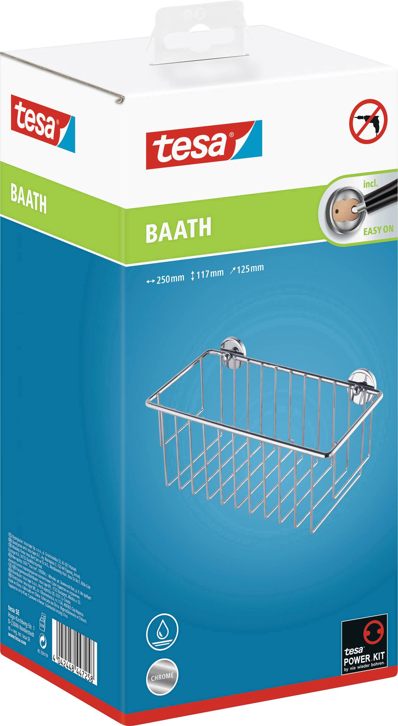 Verpackung eines Duschkorbs von Tesa 'BAATH', mit Maßen 250 x 117 x 125 mm und Befestigungselementen ohne Bohren.