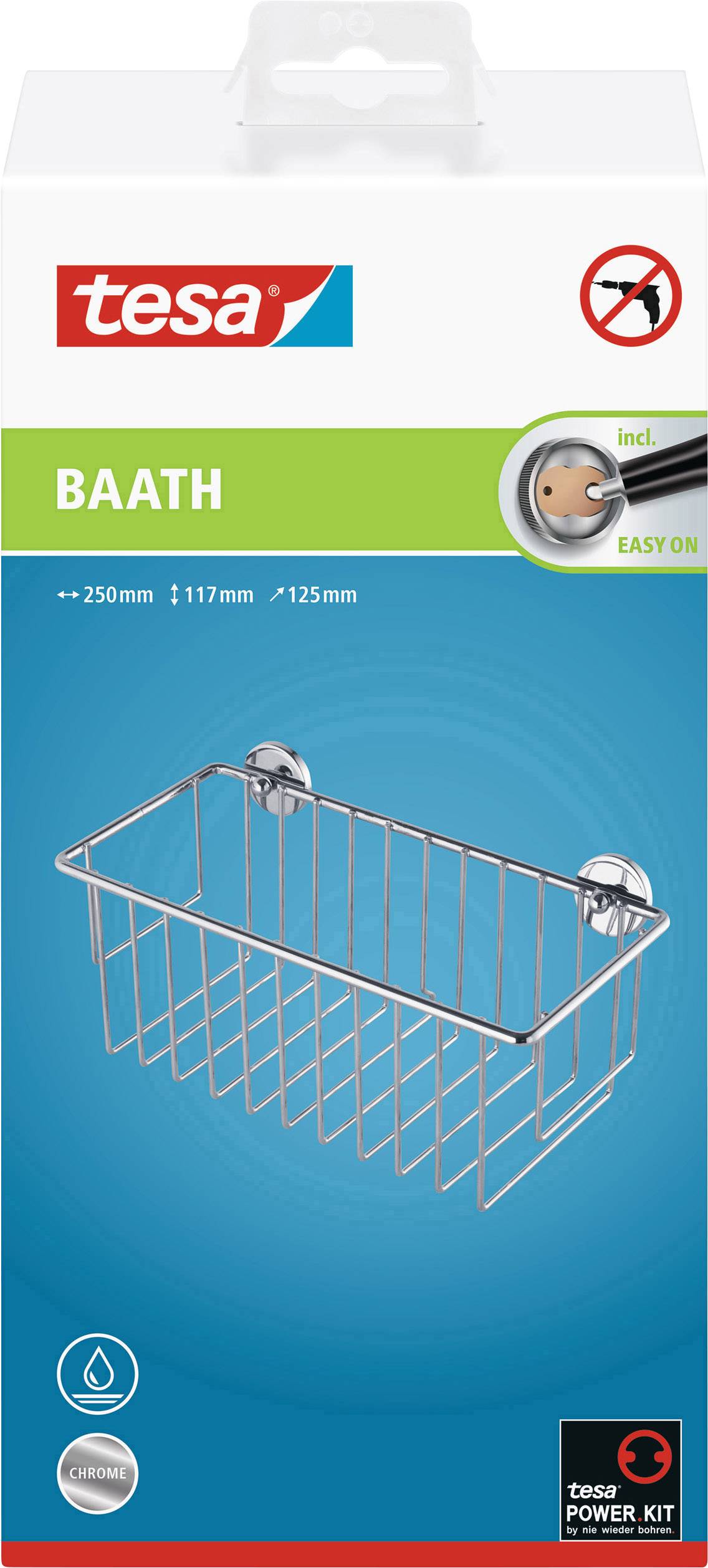 Verpackung einer Metall-Badablage von tesa, ohne Bohren montierbar, mit tesa Power Kit, Größe: 250mm x 117mm x 125mm.