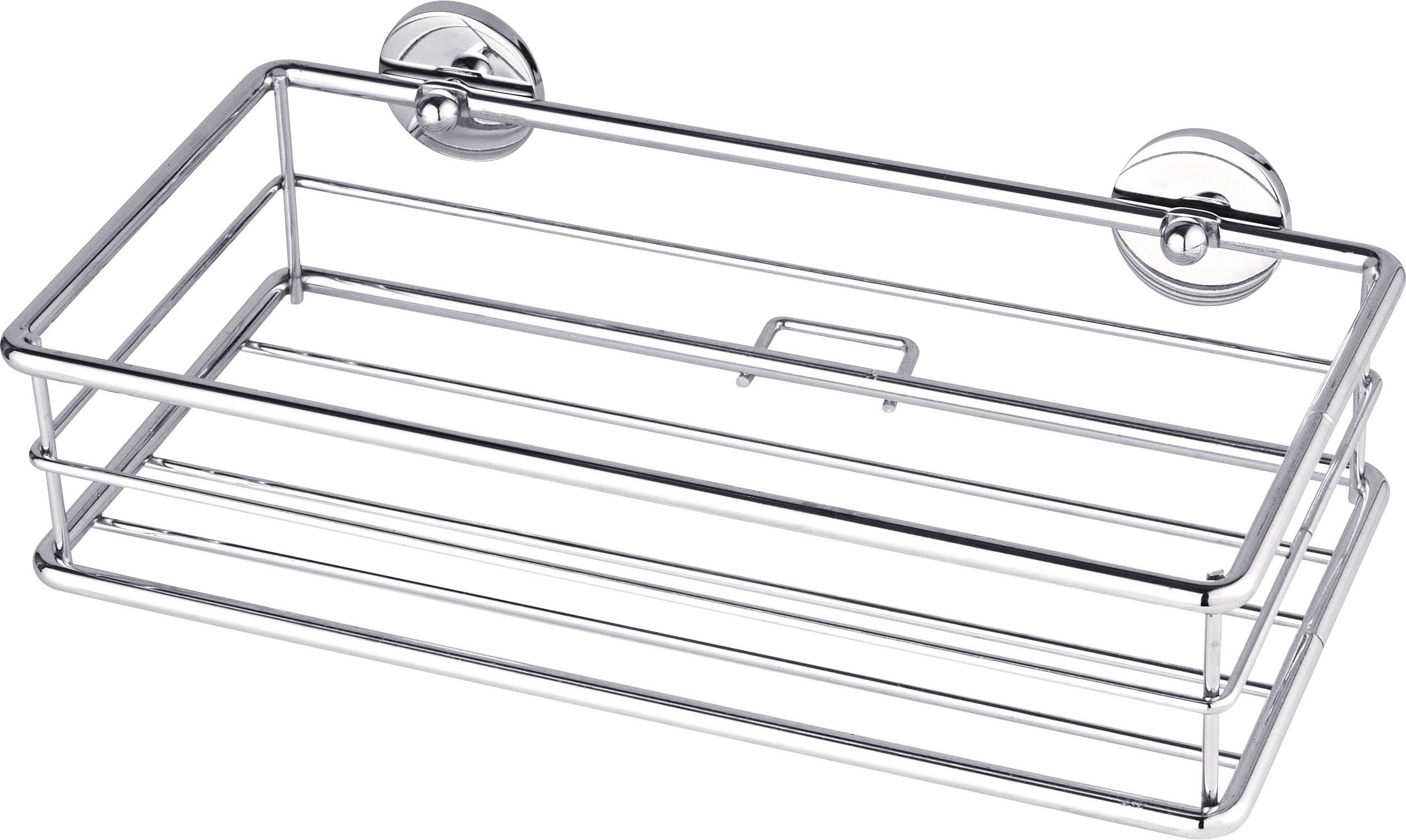 Ein silbernes, rechteckiges Duschregal mit zwei Befestigungspunkten an der Wand, ideal zur Aufbewahrung von Duschutensilien.