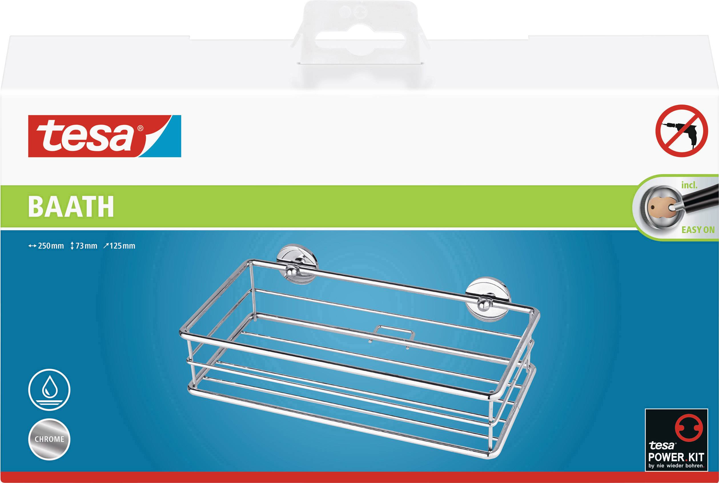 Regal aus verchromtem Metall für Bäder, montiert mit dem Tesa Power Kit, ohne Bohren. Verpackung zeigt Markenlogo und Befestigungsmethode.