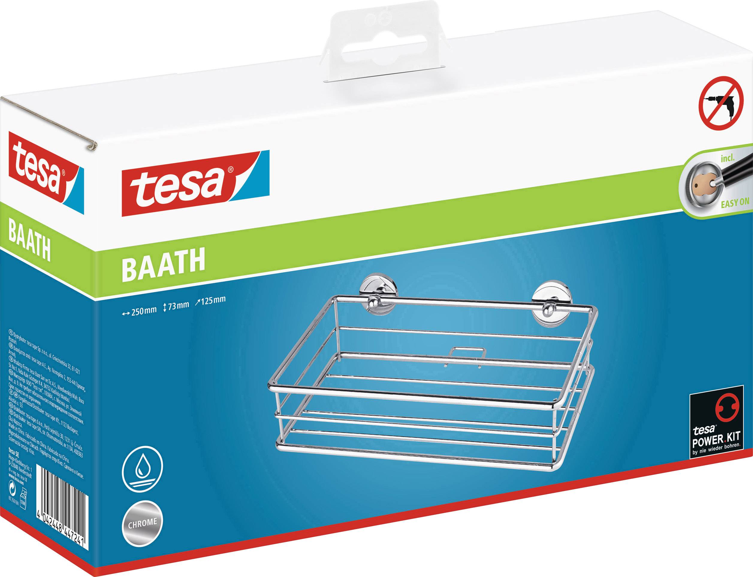 Verpackung eines tesa BAATH Badregals: Befestigung ohne Bohren. Enthält Power Kit. Abgebildet: Regal in Chromoptik mit Saugnäpfen.